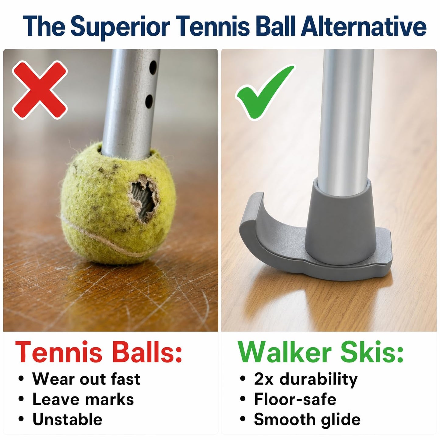 Aliseniors Walker Ski Glides 2 Pack - Universal 1 1/8" Fit Walker Accessories for Senior Folding Mobility Aids - Heavy Duty Smooth Tennis Ball Replacement on All Surfaces, Durable Floor Protection