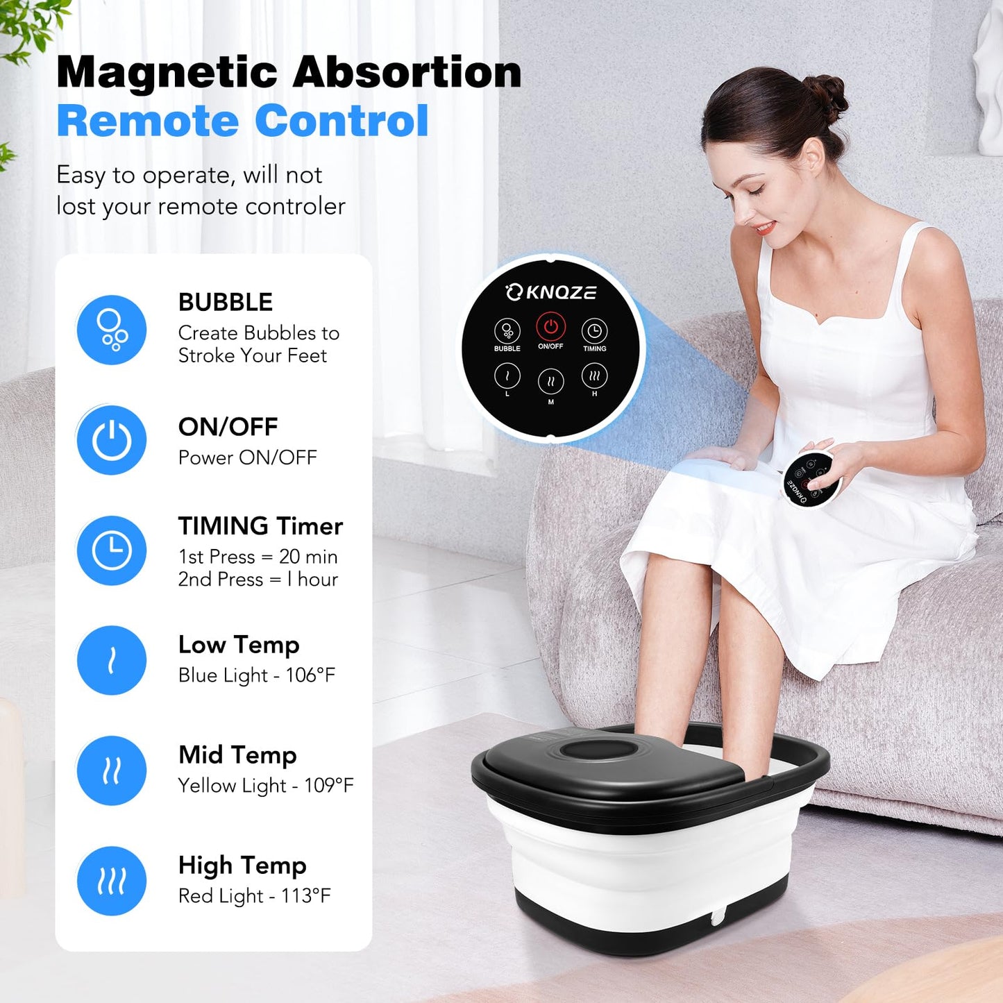 KNQZE Collapsible Foot Spa Bath with Heat & Remote Control, Bubble Massage, Temperature Control, Red Light, Timer, 16 Rollers & Pumice Stone for a Soothing Spa Experience