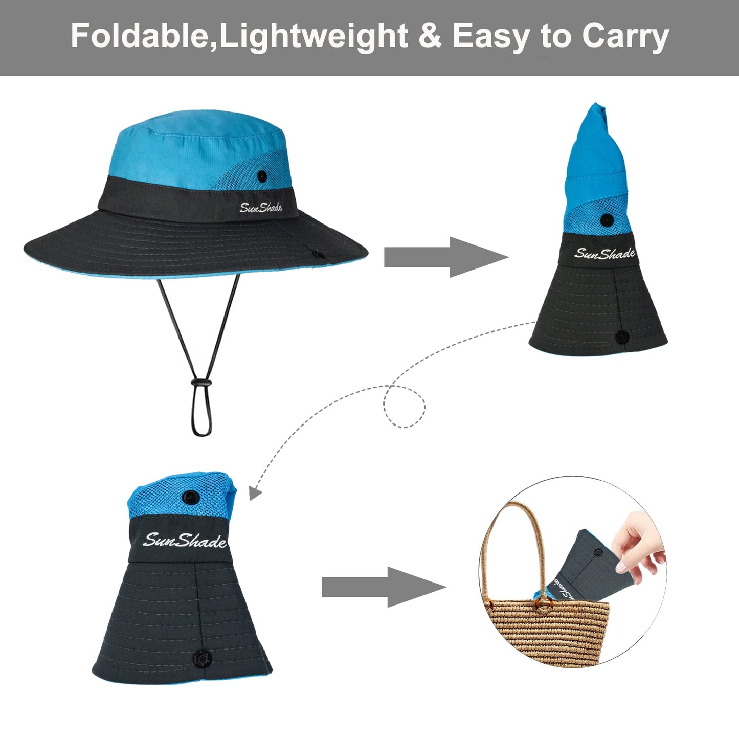 Women's Summer Sun-Hat Ponytail - Outdoor UV-Protection Mesh Wide Brim Foldable Hat with Ponytail Hole