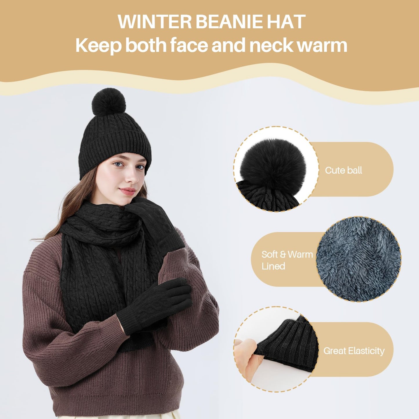fauson Winter Hat Beanie Long Scarf Touchscreen Gloves Set, 3Pcs Fleece Lined Gloves Skull Cap Valentines Day Gifts for Her