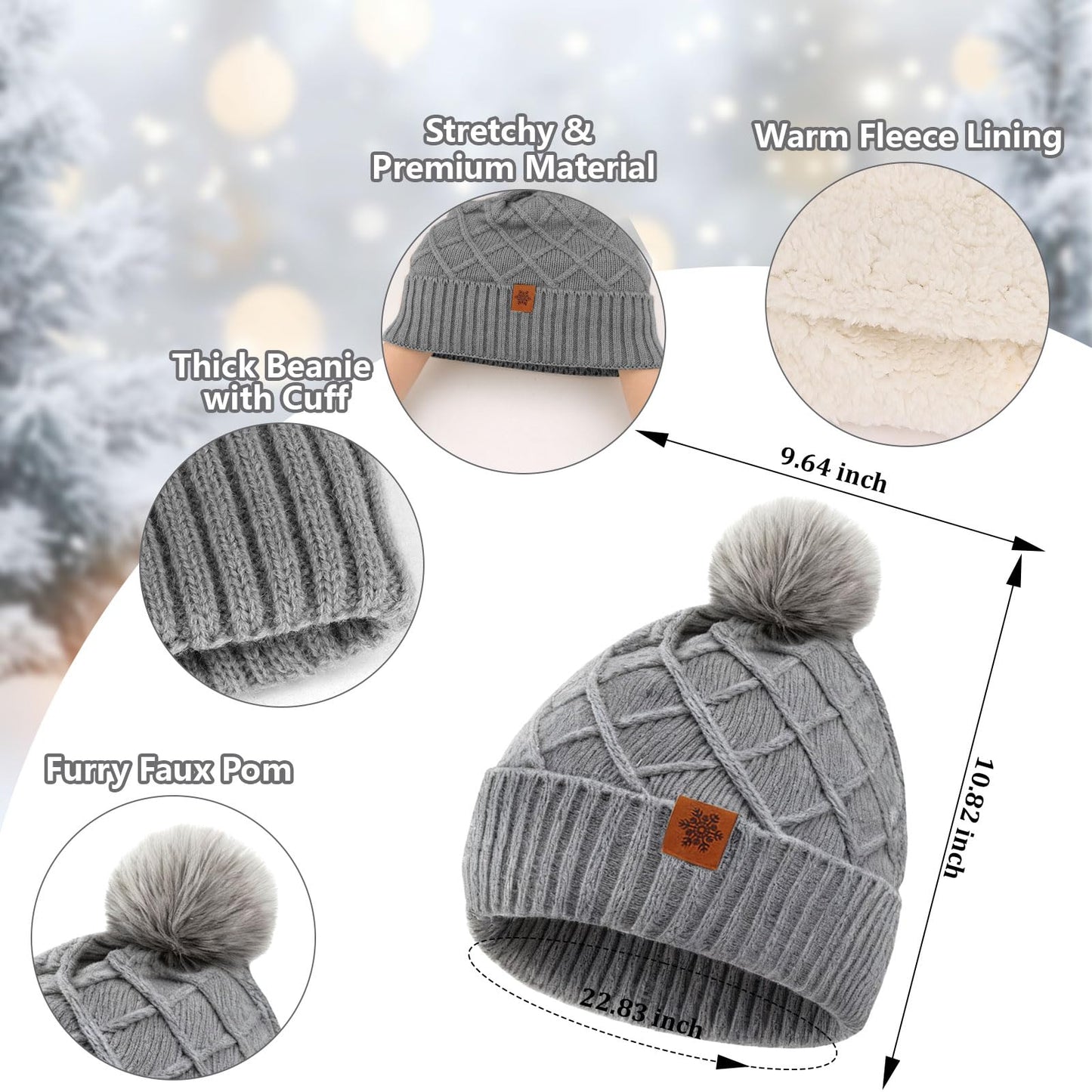YARIEW Winter Hat Scarf and Gloves Set for Women, Warm Knitted Beanie with Pom Pom, Soft Ear Warmer Scarf, Warm Gloves