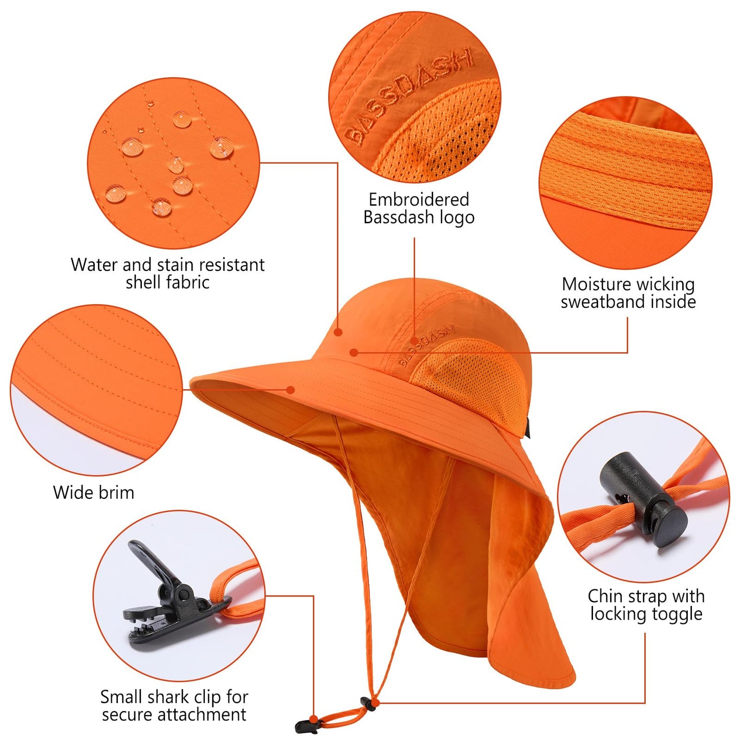 BASSDASH UPF 50+ Unisex Water Resistant Wide Brim Sun Hat with Large Neck Flap Ponytail Fishing Hat for Men Women