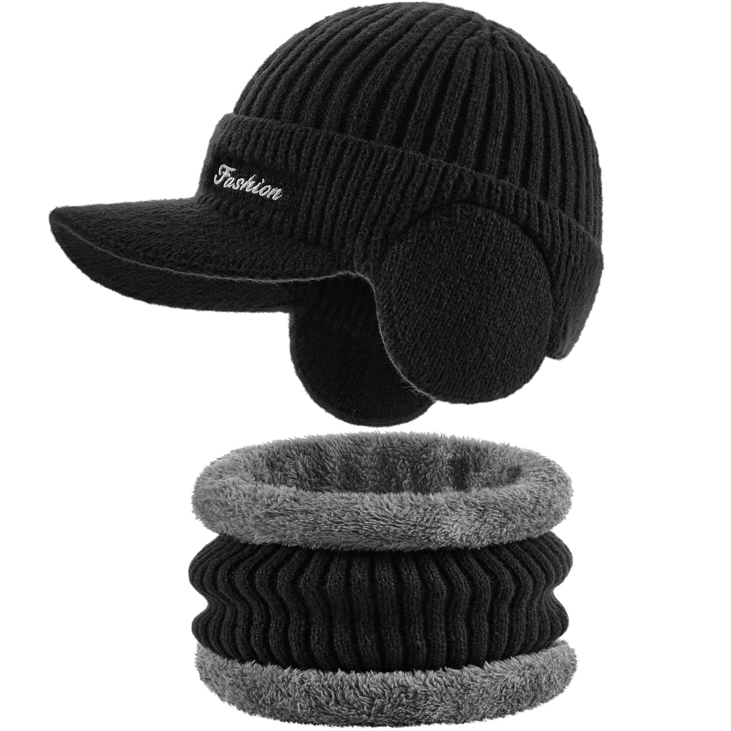 Winter Hat with Ear Flaps for Men, Beanie with Brim Hat Scarf Set, Warm Fleece Lined Skull Cap Neck Warmer for Women