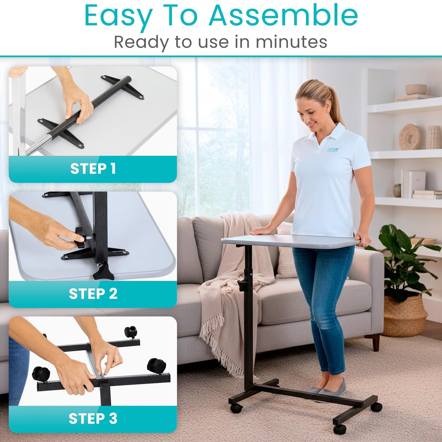 Vive Overbed Hospital Bed Table for Home Use - Adjustable Swivel Wheels & Tray for Over Bed - for Medical Bedside Chair - Adjustable Height, Tilt Top for Reading, Laptop, Bedridden, Elderly, Seniors