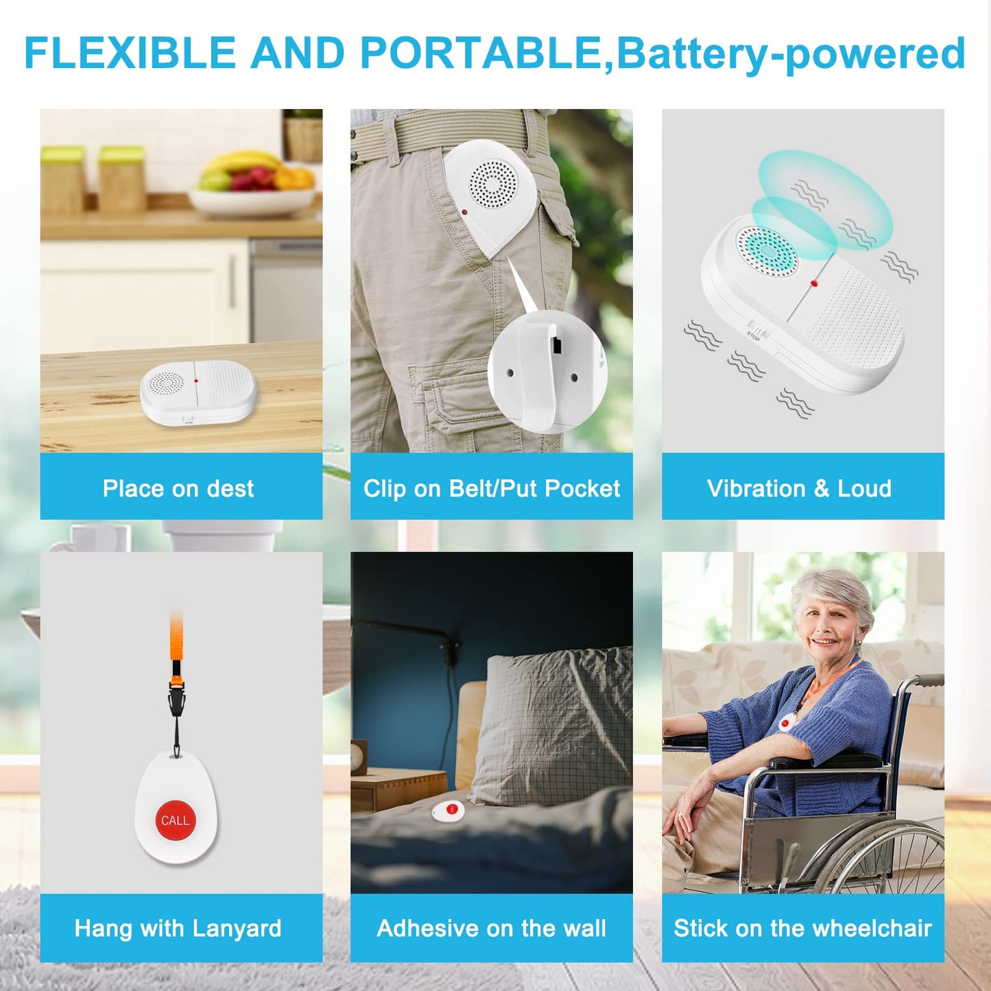 CallToU Wireless Caregiver Pager Waterproof Call Button Vibration Call Bell for Elderly at Home Disabled Patient Elderly Monitoring Nurse Calling 2 SOS Panic Buttons/Transmitters 500FT 2 Receivers