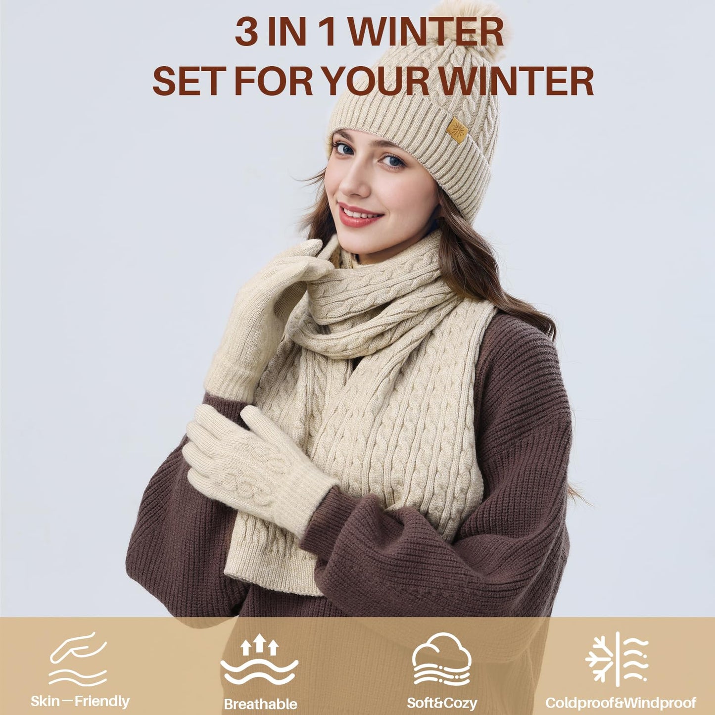 fauson Winter Hat Beanie Long Scarf Touchscreen Gloves Set, 3Pcs Fleece Lined Gloves Skull Cap Valentines Day Gifts for Her