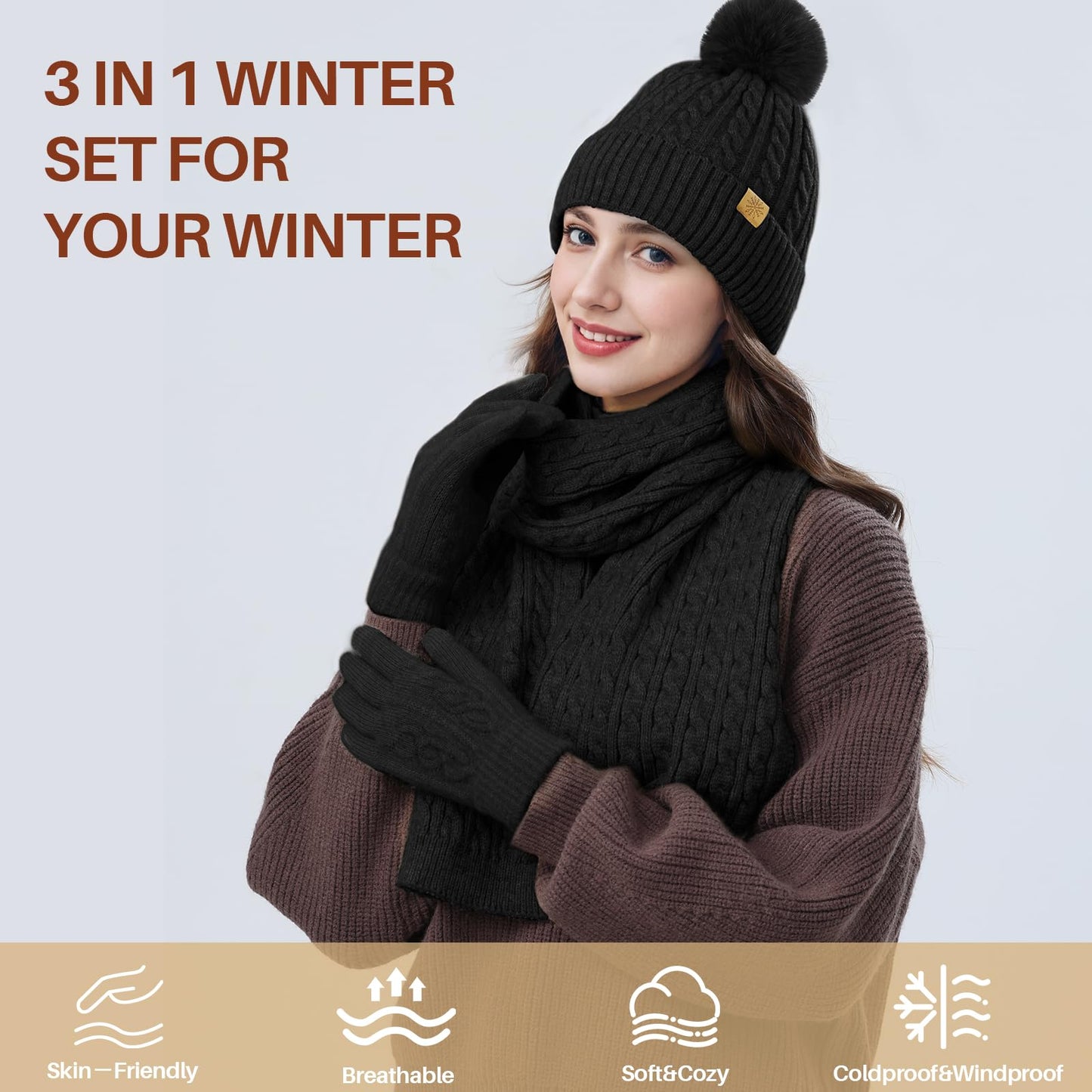 fauson Winter Hat Beanie Long Scarf Touchscreen Gloves Set, 3Pcs Fleece Lined Gloves Skull Cap Valentines Day Gifts for Her