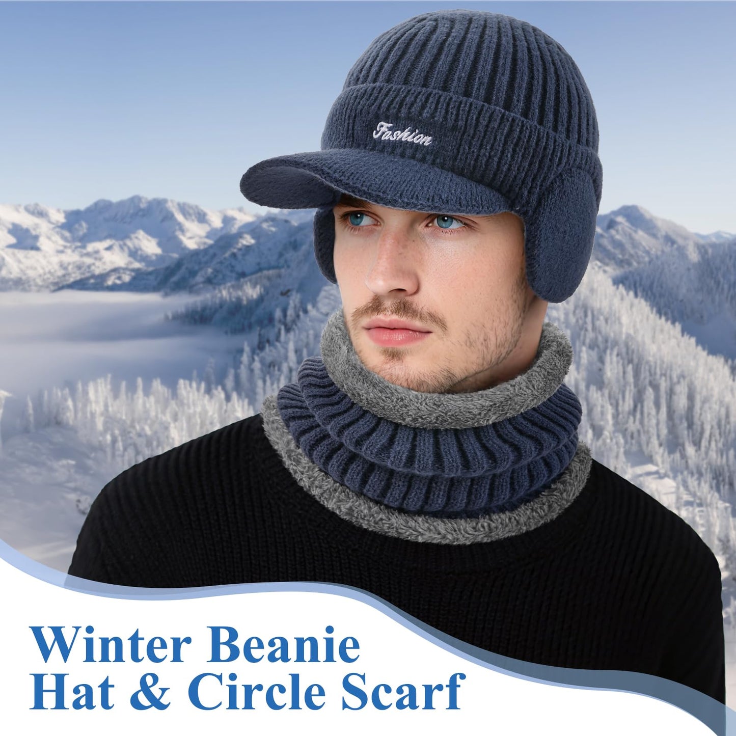 Winter Hat with Ear Flaps for Men, Beanie with Brim Hat Scarf Set, Warm Fleece Lined Skull Cap Neck Warmer for Women