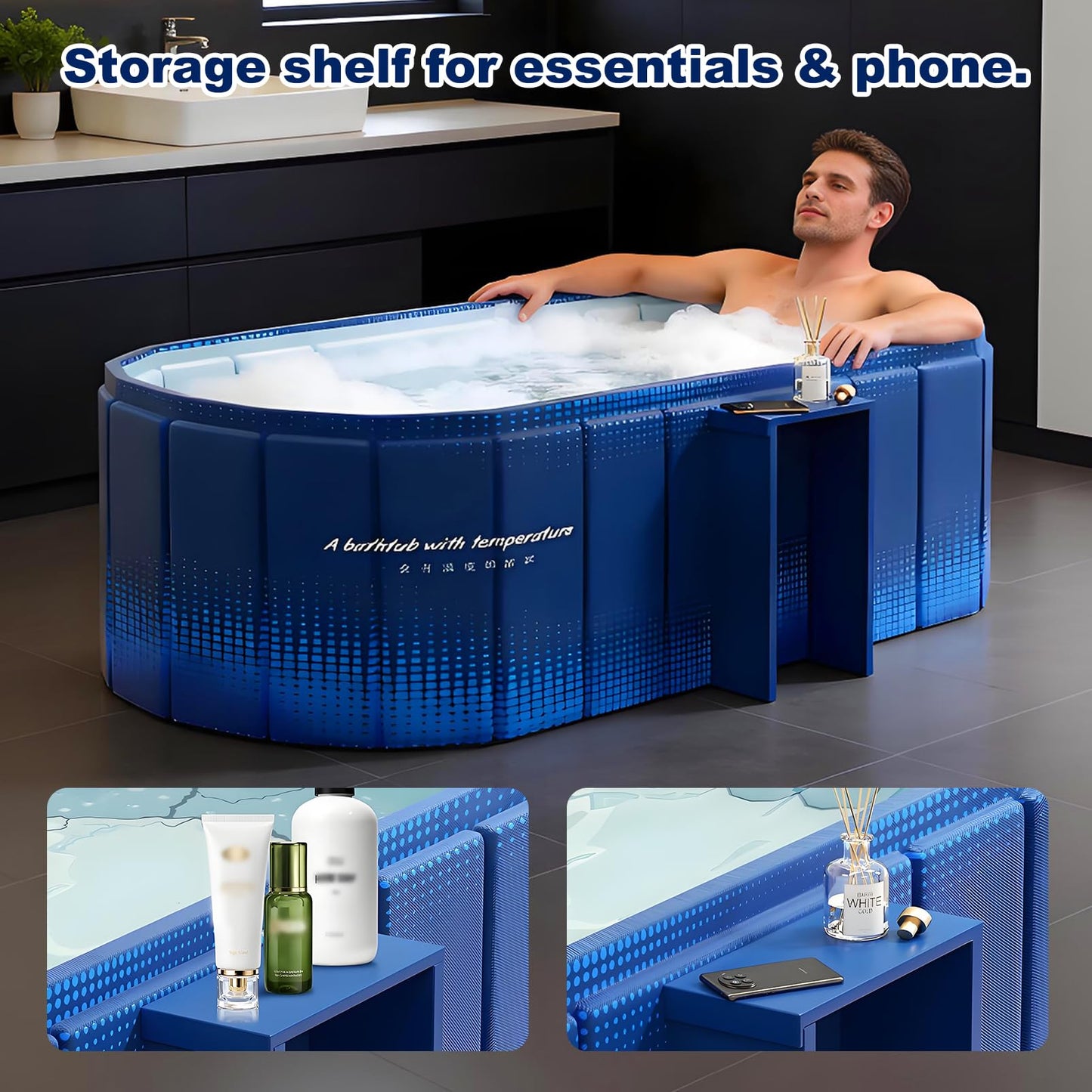 Portable Bathtub for Adult 59" Large Collapsible Cold Plunge Bathtub Foldable No Installation Ice Bath Tub for Shower Stall, Bathroom Hot SPA Soaking Standing Tub