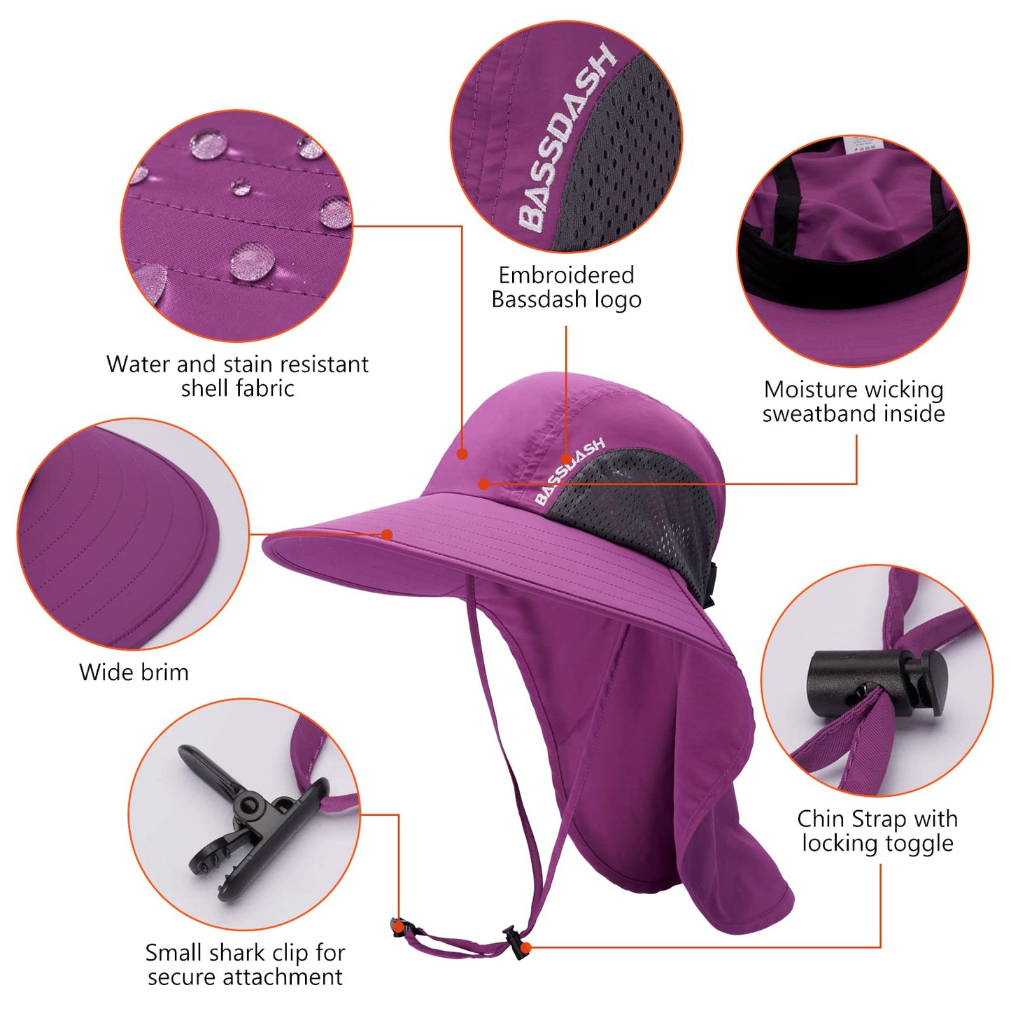 BASSDASH UPF 50+ Unisex Water Resistant Wide Brim Sun Hat with Large Neck Flap Ponytail Fishing Hat for Men Women