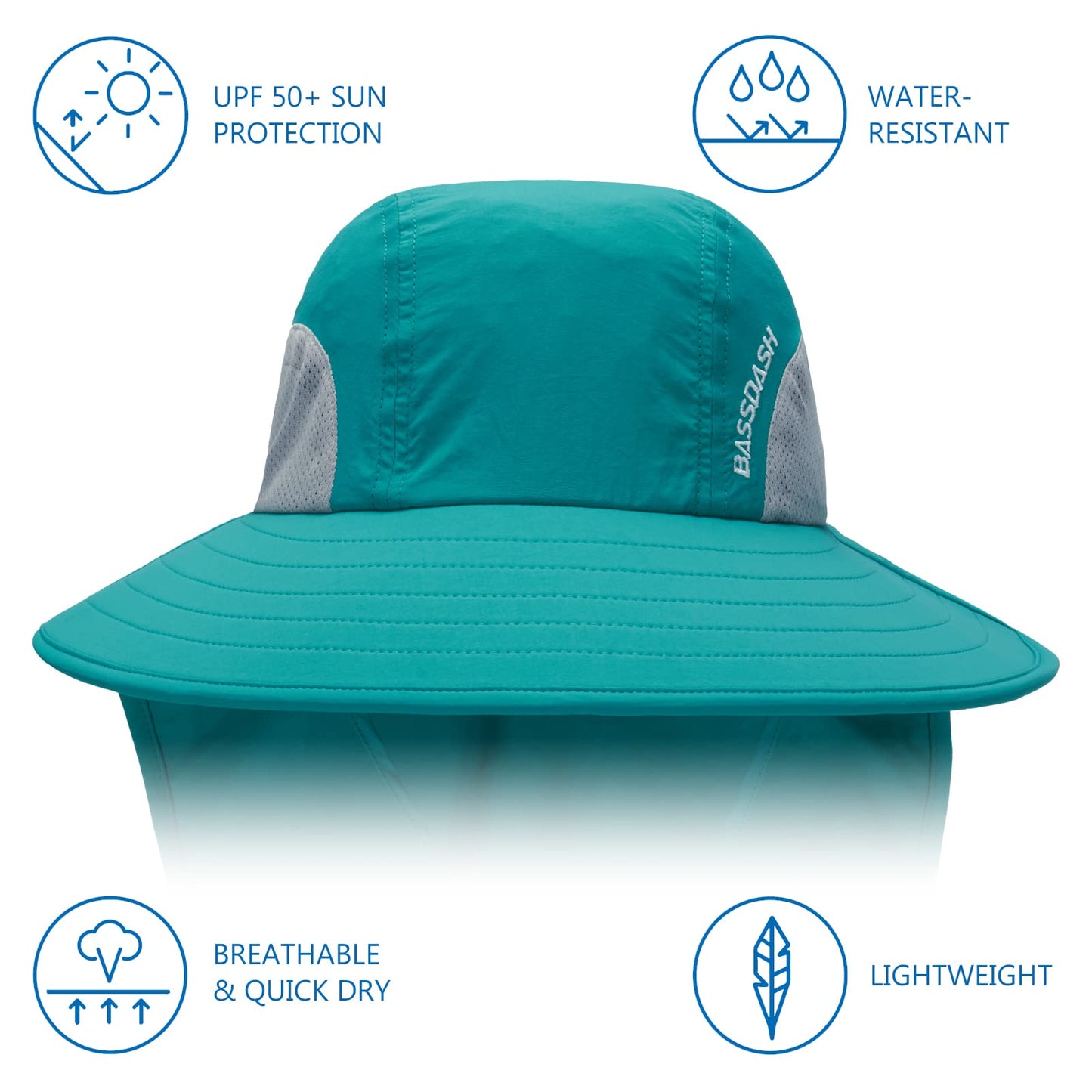 BASSDASH UPF 50+ Unisex Water Resistant Wide Brim Sun Hat with Large Neck Flap Ponytail Fishing Hat for Men Women