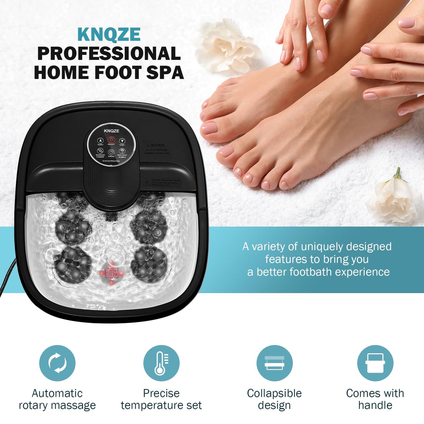 KNQZE Collapsible Foot Spa Bath with Heat & Remote Control, Bubble Massage, Temperature Control, Red Light, Timer, 16 Rollers & Pumice Stone for a Soothing Spa Experience
