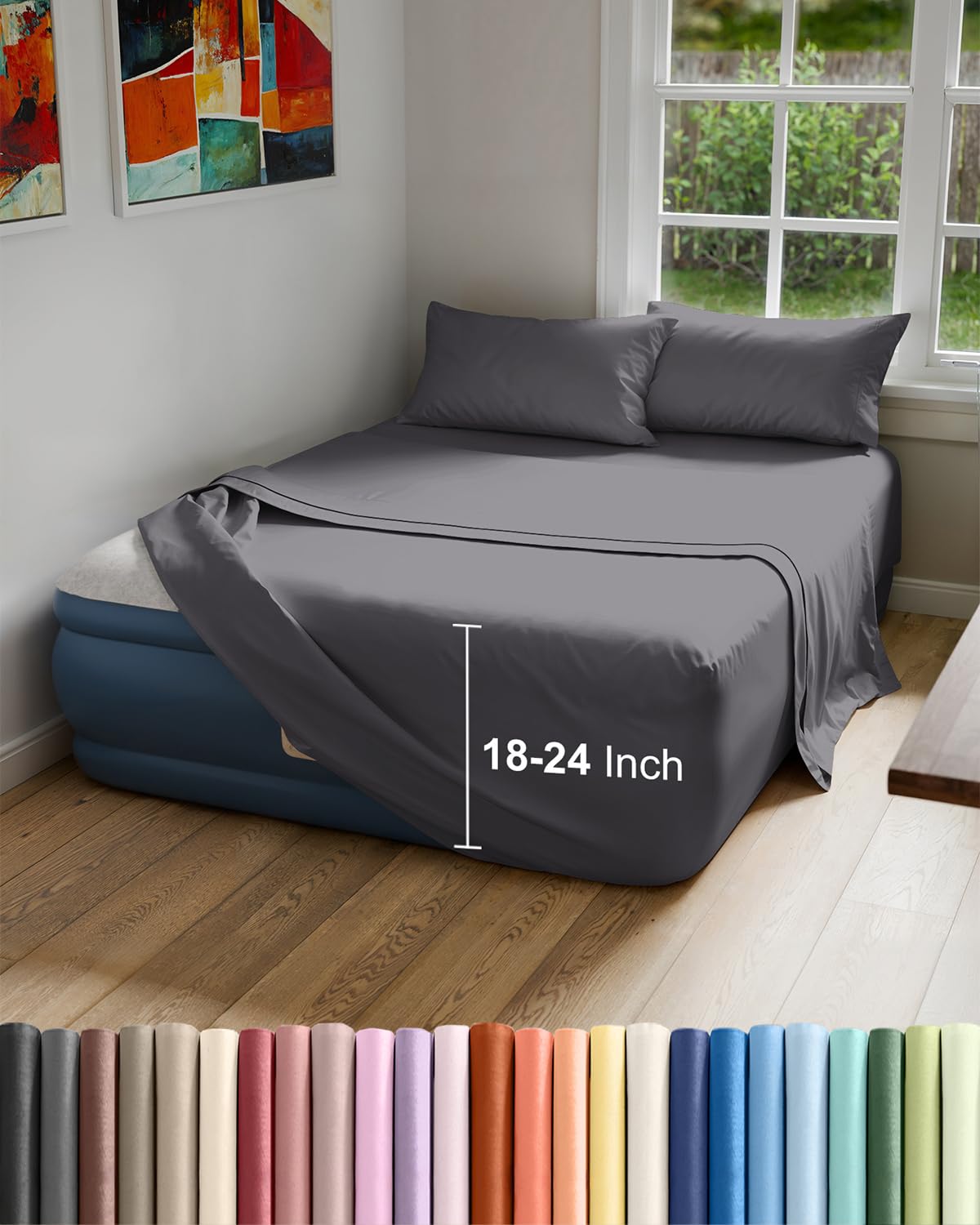 Air Mattress Sheet Set for Full Size - 4 Piece Breathable & Cooling Sheets w/Extra Deep Pockets - Fits Inflatable & Blow Up Air Mattresses Up to 24 Inches Thick - Soft and Wrinkle Free - Dark Grey