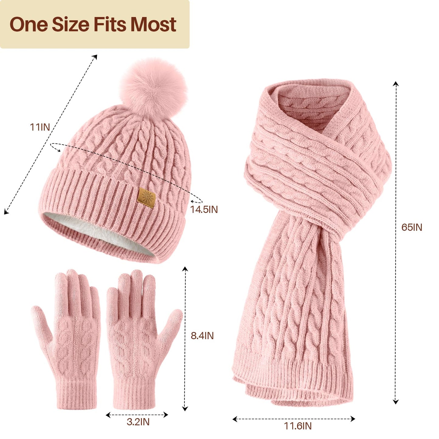 fauson Winter Hat Beanie Long Scarf Touchscreen Gloves Set, 3Pcs Fleece Lined Gloves Skull Cap Valentines Day Gifts for Her