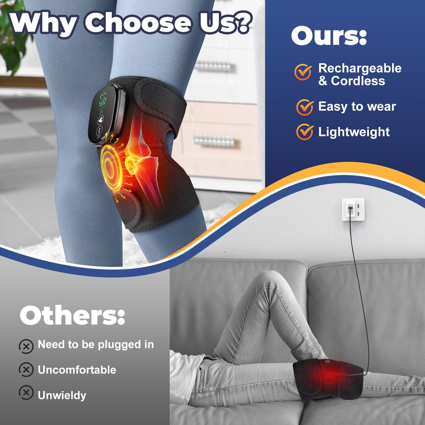 Cordless Heated Knee Massager, FSA Eligible 3-in-1 Wearable Wrap for Knee, Elbow and Shoulder, Rechargeable Heat and Vibration Massager, 6 Heat Levels, 3 Massage Modes