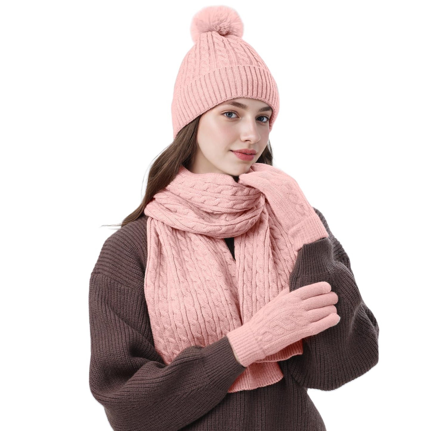 fauson Winter Hat Beanie Long Scarf Touchscreen Gloves Set, 3Pcs Fleece Lined Gloves Skull Cap Valentines Day Gifts for Her