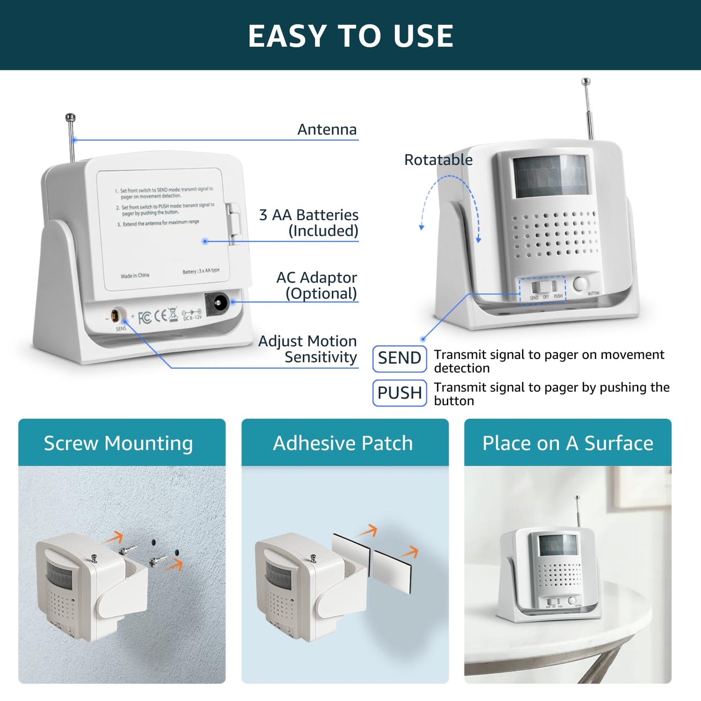 Bed Alarm Wireless Motion Sensor Accessory ONLY Alarm Fall Prevention Elderly Monitoring Seniors Dementia Patients - Motion Detector Must BE PAIRED to M091B/SP30 Pager to Function