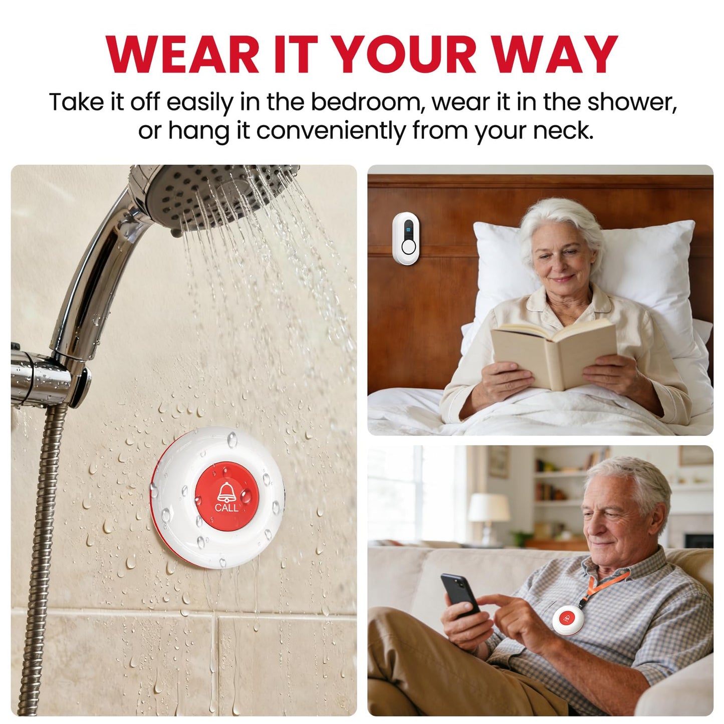 CallToU Wireless Caregiver Pager Waterproof Call Button Vibration Call Bell for Elderly at Home Disabled Patient Elderly Monitoring Nurse Calling 2 SOS Panic Buttons/Transmitters 500FT 2 Receivers