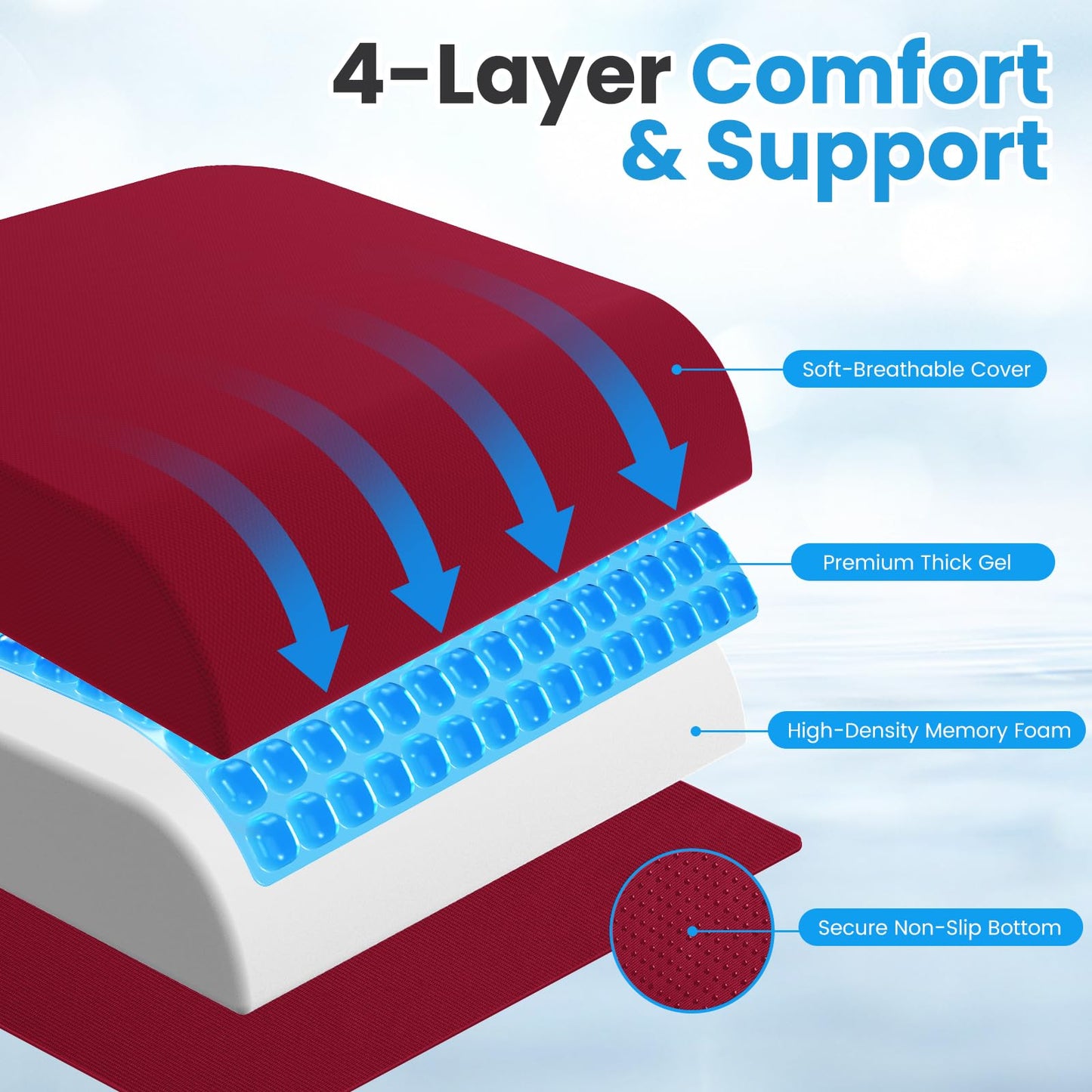 Wheelchair Seat Cushion for Pressure Relief, Cooling Gel Memory Foam Chair Cushion with Slope-Edge Design, Coccyx Support for Tailbone Pain, Non-Slip, for Wheelchairs, Office Chairs & Car Seats