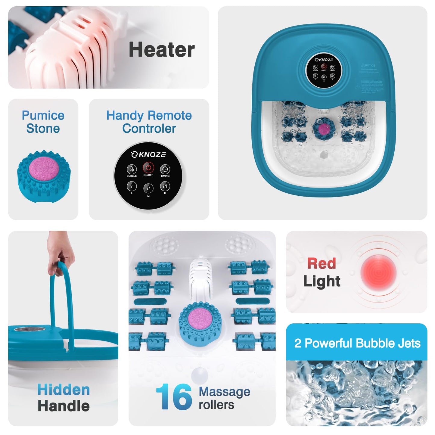 KNQZE Collapsible Foot Spa Bath with Heat & Remote Control, Bubble Massage, Temperature Control, Red Light, Timer, 16 Rollers & Pumice Stone for a Soothing Spa Experience