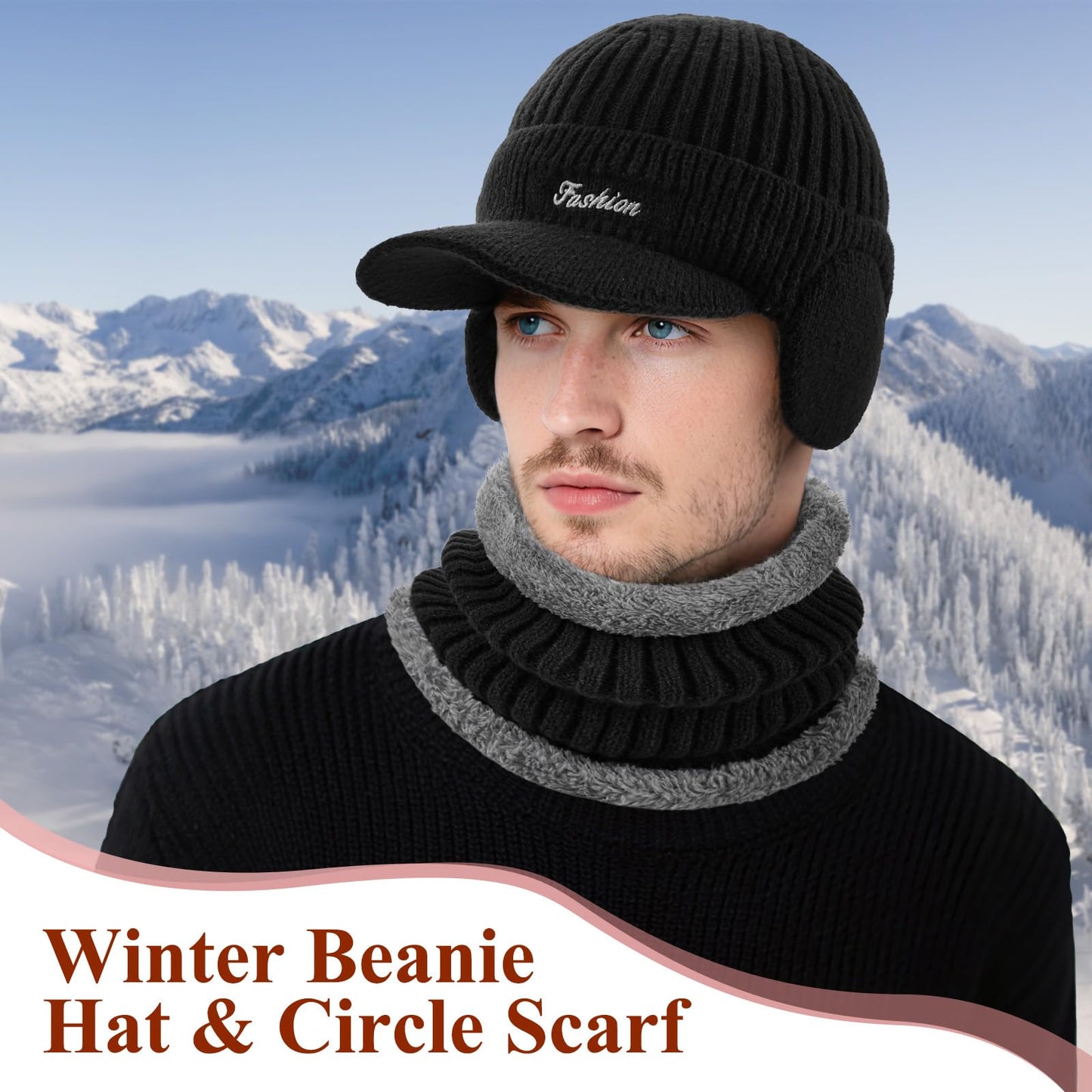 Winter Hat with Ear Flaps for Men, Beanie with Brim Hat Scarf Set, Warm Fleece Lined Skull Cap Neck Warmer for Women