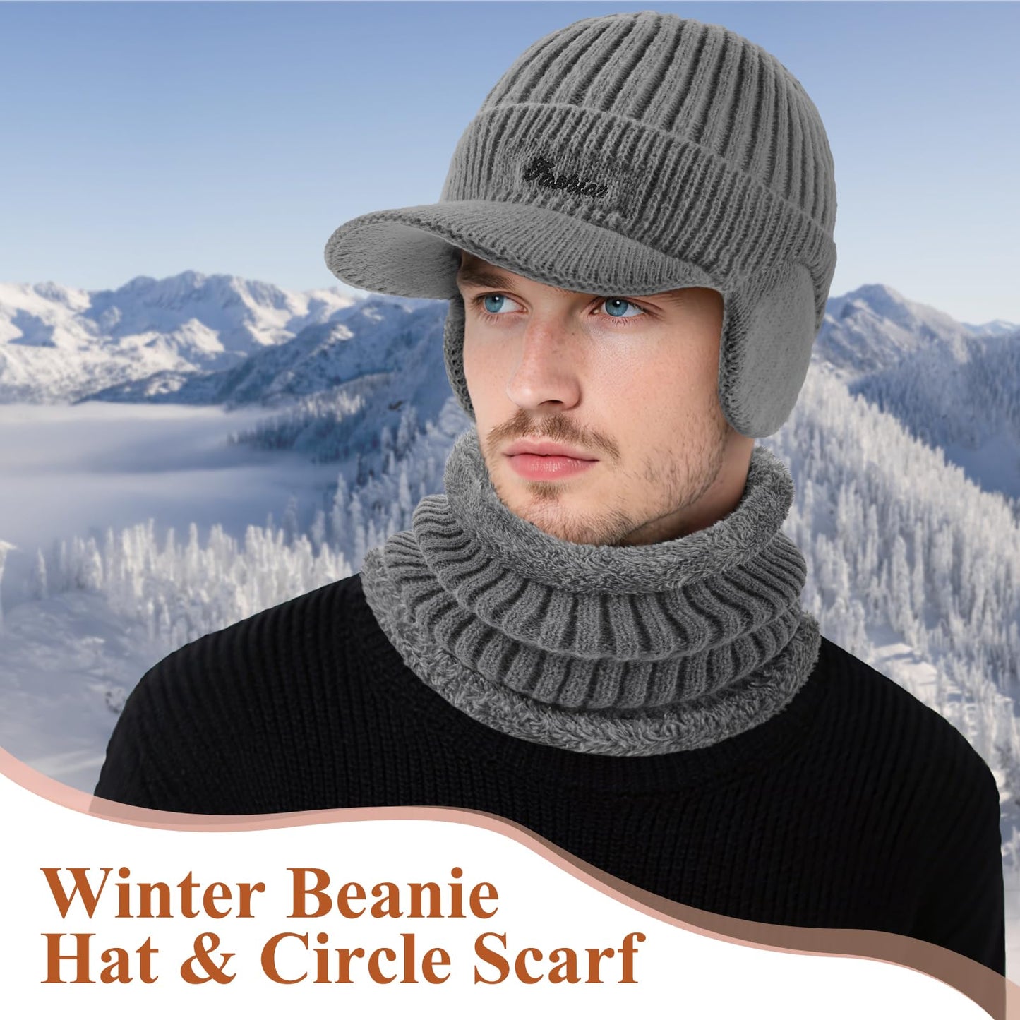 Winter Hat with Ear Flaps for Men, Beanie with Brim Hat Scarf Set, Warm Fleece Lined Skull Cap Neck Warmer for Women