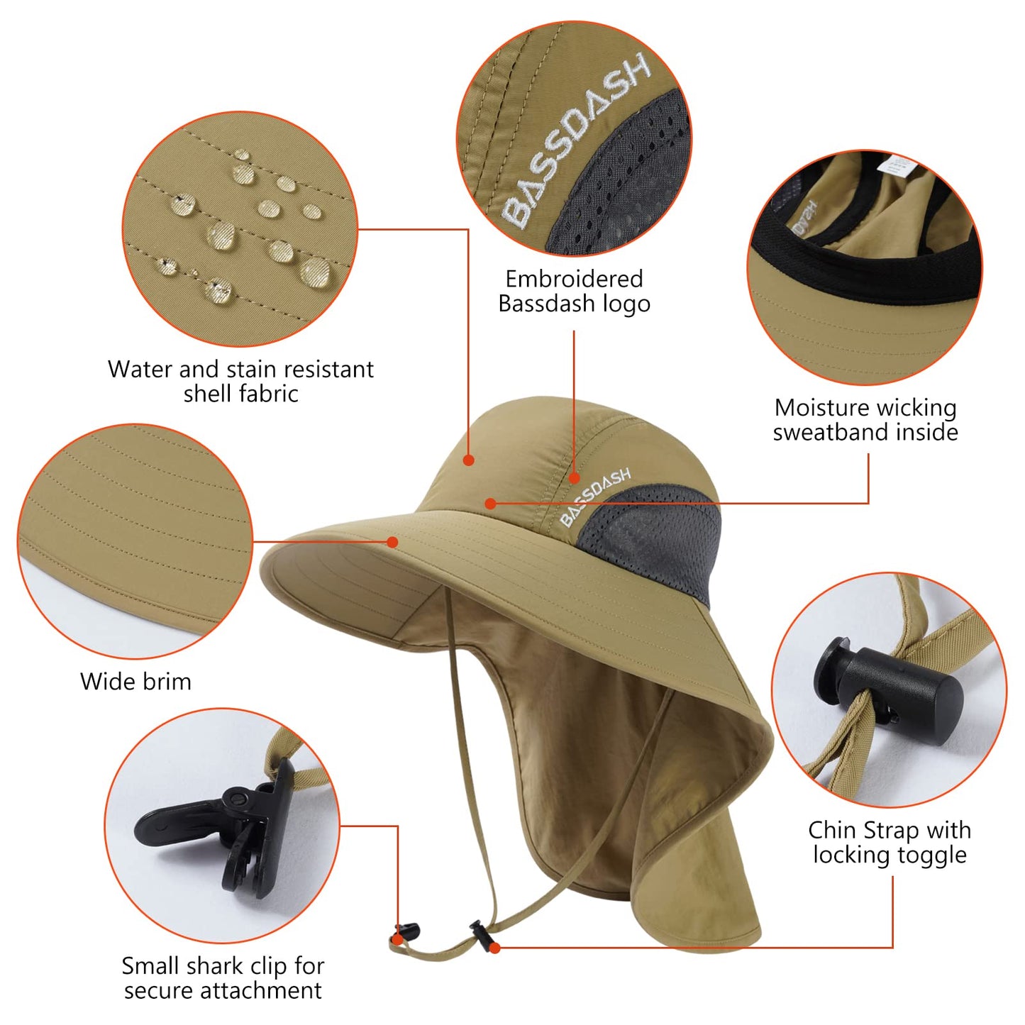 BASSDASH UPF 50+ Unisex Water Resistant Wide Brim Sun Hat with Large Neck Flap Ponytail Fishing Hat for Men Women
