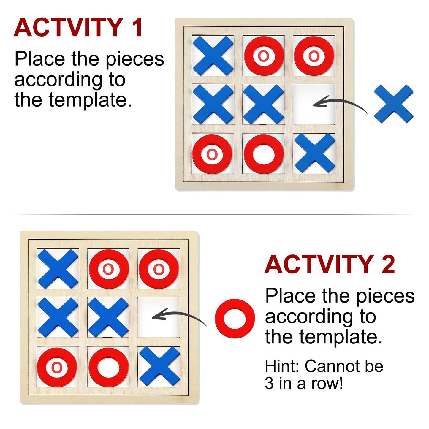 Seenelling Jumbo Wooden Tic Tac Toe Game Dementia Activities for Alzheimers Seniors with Matching and Puzzle Templates XO Chess Board Game for Elderly Engaging Table Decor(Blue, Red)