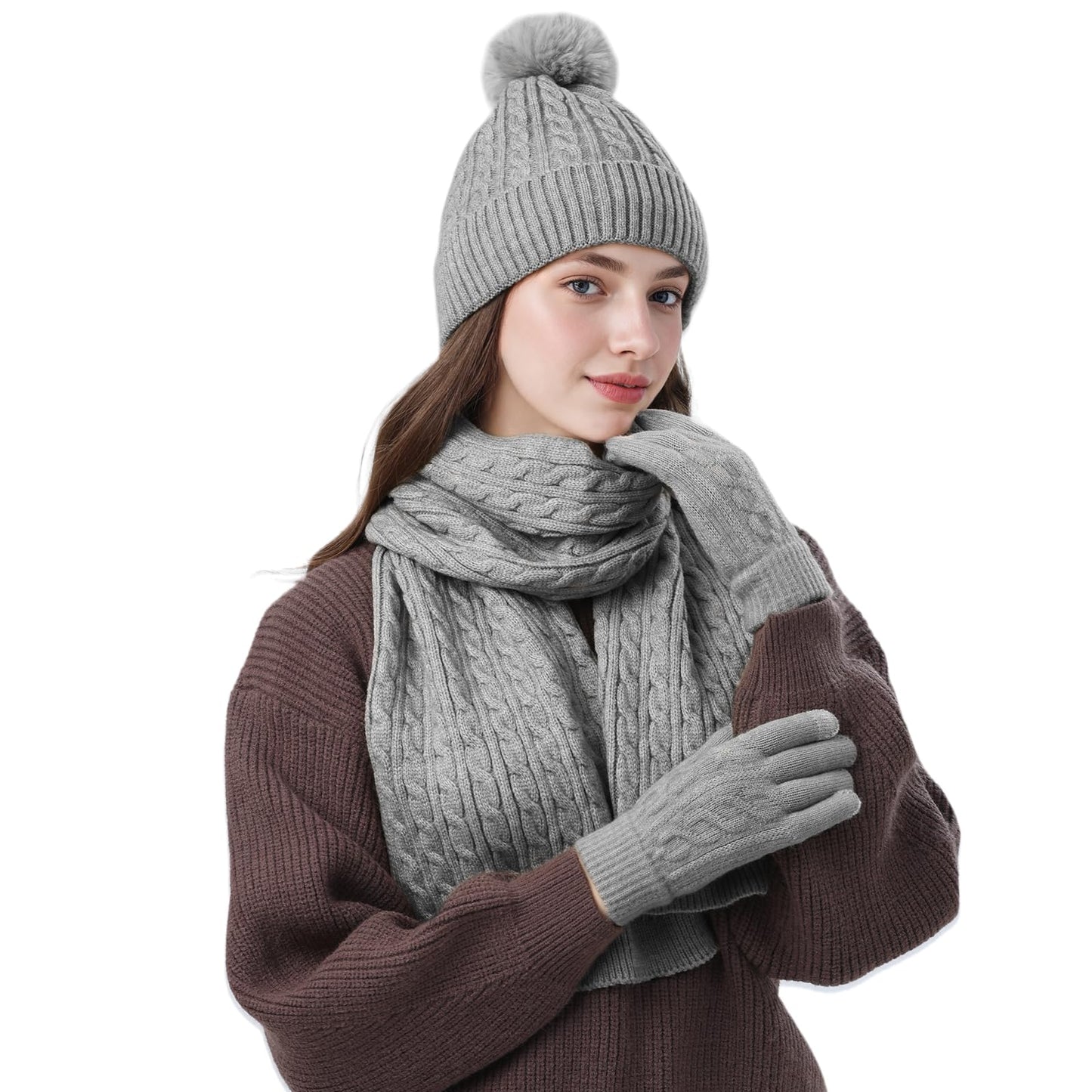fauson Winter Hat Beanie Long Scarf Touchscreen Gloves Set, 3Pcs Fleece Lined Gloves Skull Cap Valentines Day Gifts for Her