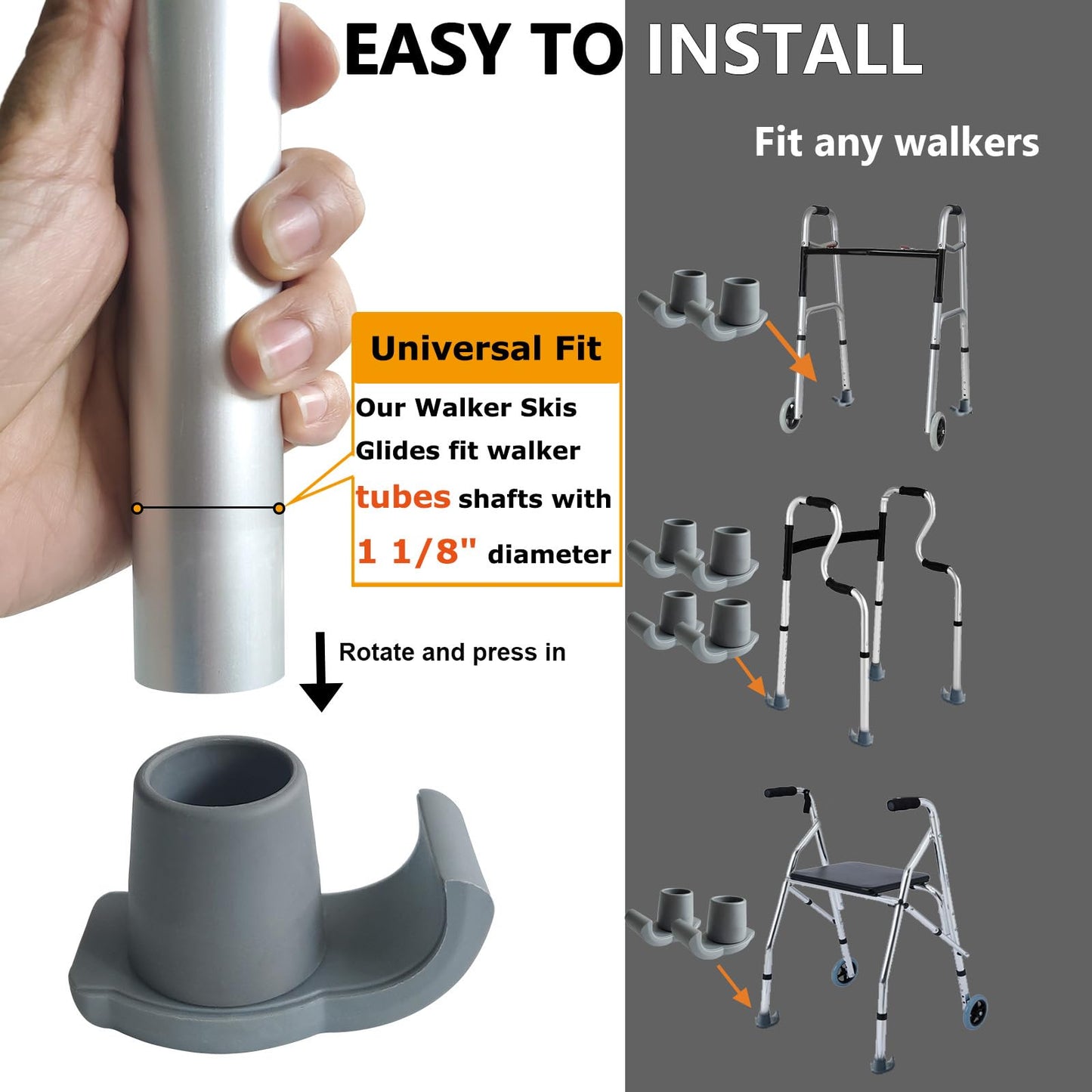 Aliseniors Walker Ski Glides 2 Pack - Universal 1 1/8" Fit Walker Accessories for Senior Folding Mobility Aids - Heavy Duty Smooth Tennis Ball Replacement on All Surfaces, Durable Floor Protection