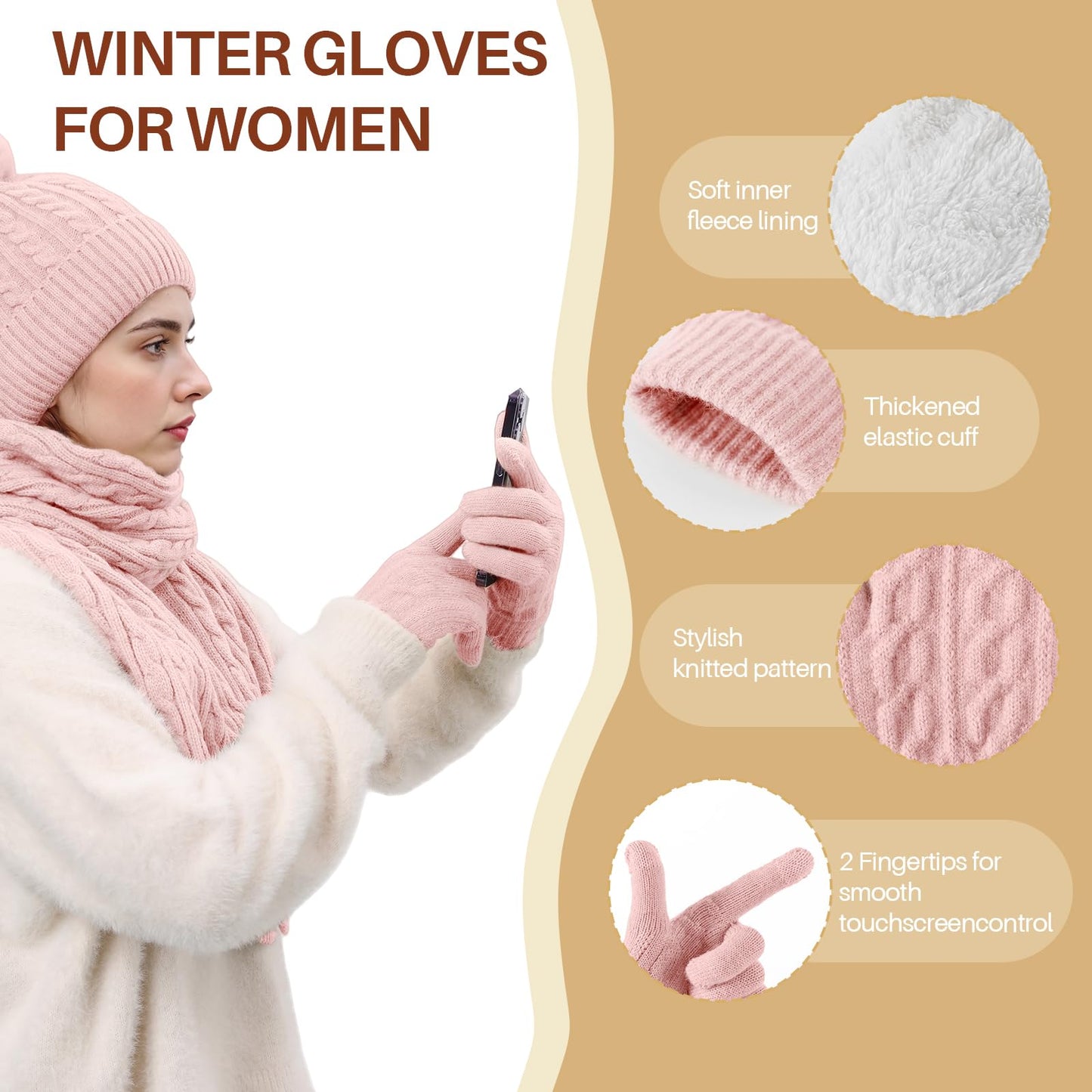 fauson Winter Hat Beanie Long Scarf Touchscreen Gloves Set, 3Pcs Fleece Lined Gloves Skull Cap Valentines Day Gifts for Her