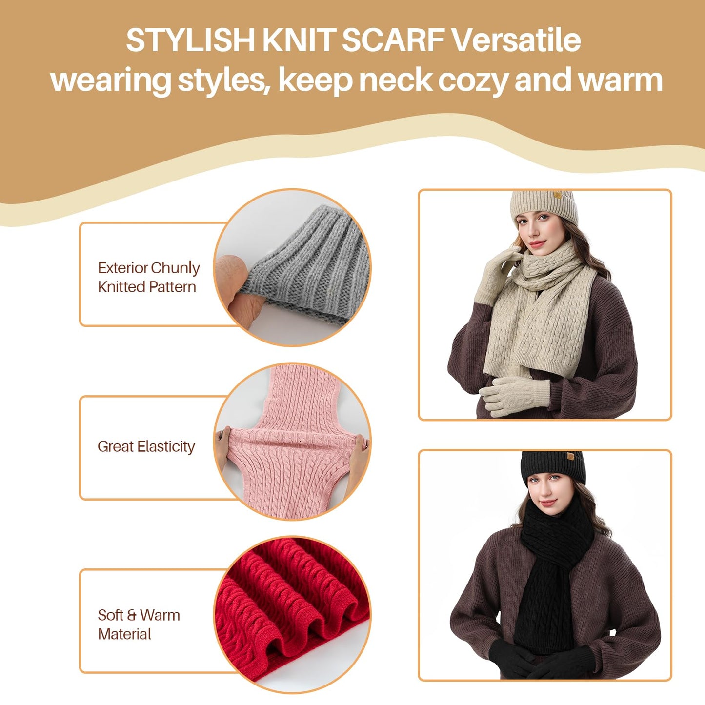 fauson Winter Hat Beanie Long Scarf Touchscreen Gloves Set, 3Pcs Fleece Lined Gloves Skull Cap Valentines Day Gifts for Her