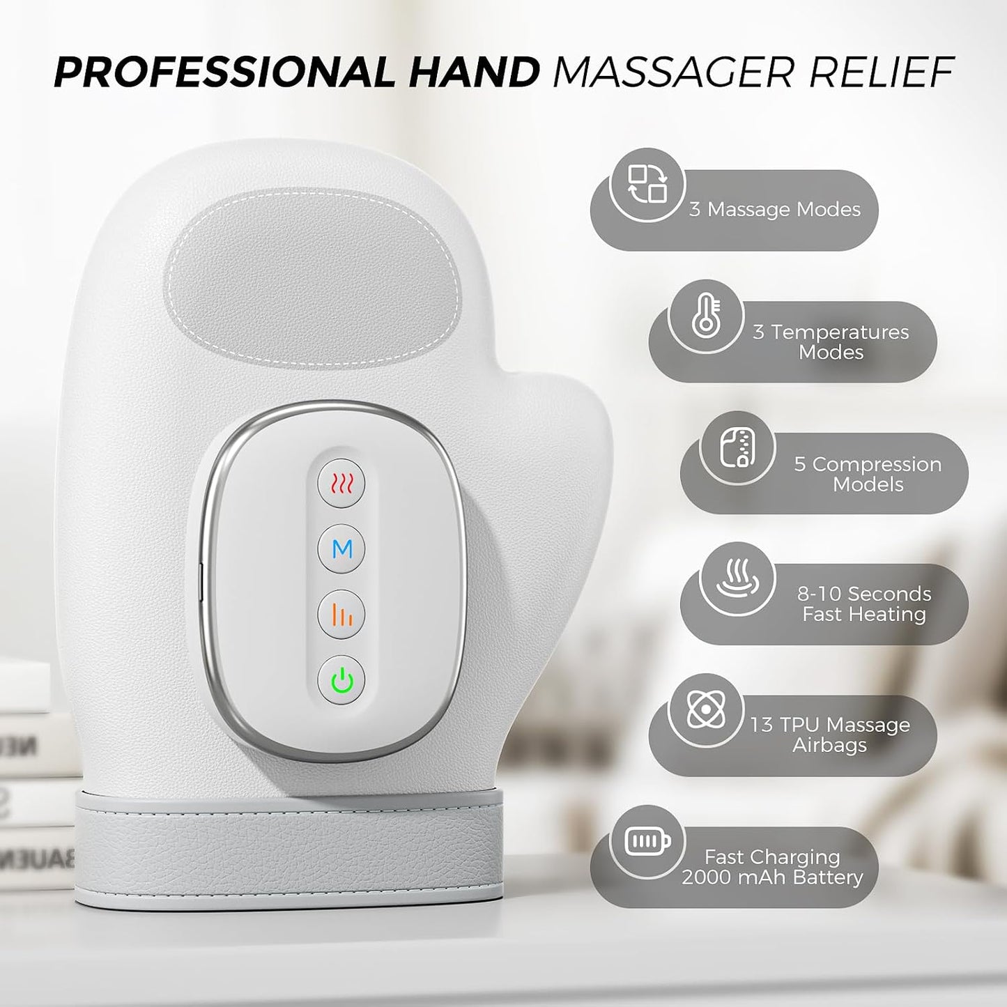 WUX Hand Massager with Heat and Air Compression, 3 Massage Modes, 4 Heat Levels and 5 Compression Settings, Rechargeable Hand Compression Massager for Daily Relaxation, Women and Men | 3 Massage Modes, 4 Heat Levels, 5 Intensity Settings, Helps Relieve Va