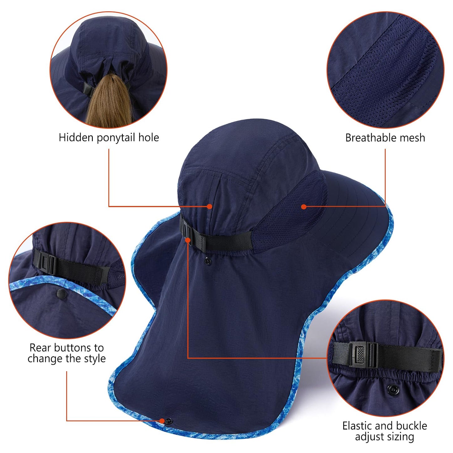 BASSDASH UPF 50+ Unisex Water Resistant Wide Brim Sun Hat with Large Neck Flap Ponytail Fishing Hat for Men Women
