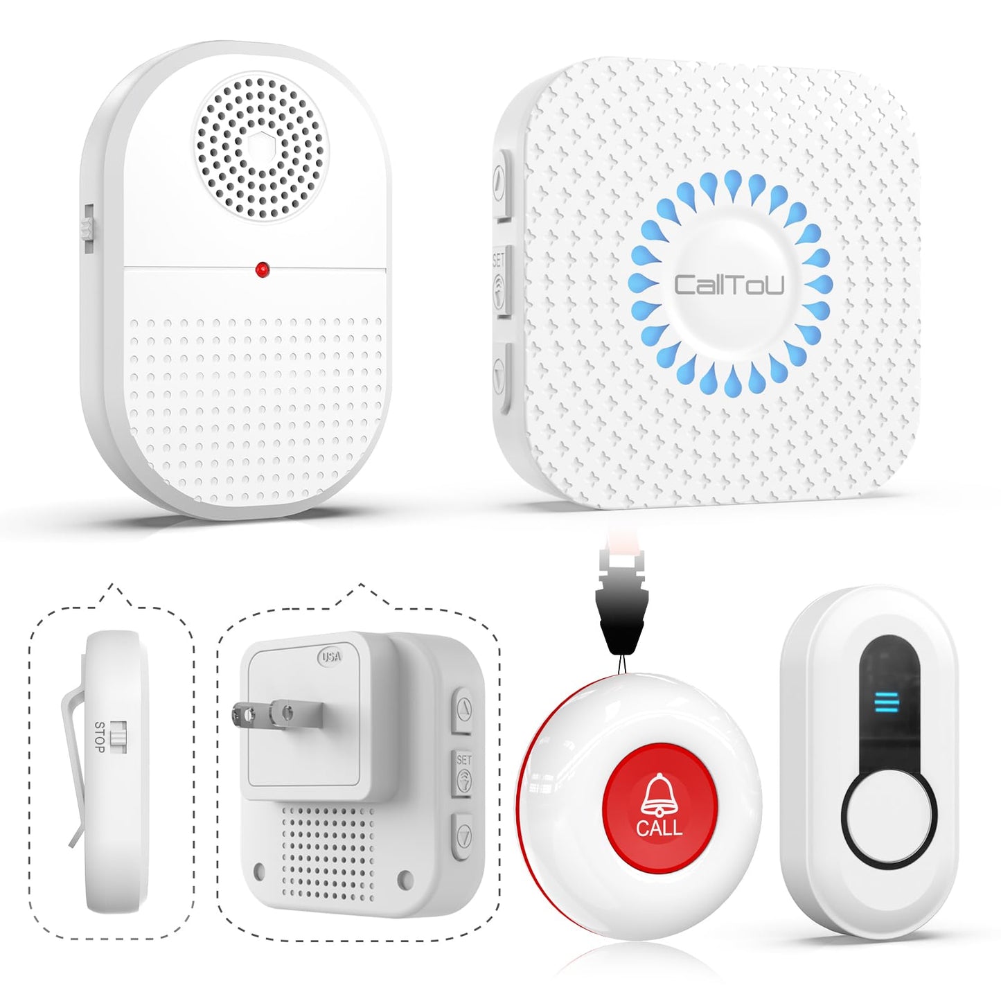 CallToU Wireless Caregiver Pager Waterproof Call Button Vibration Call Bell for Elderly at Home Disabled Patient Elderly Monitoring Nurse Calling 2 SOS Panic Buttons/Transmitters 500FT 2 Receivers