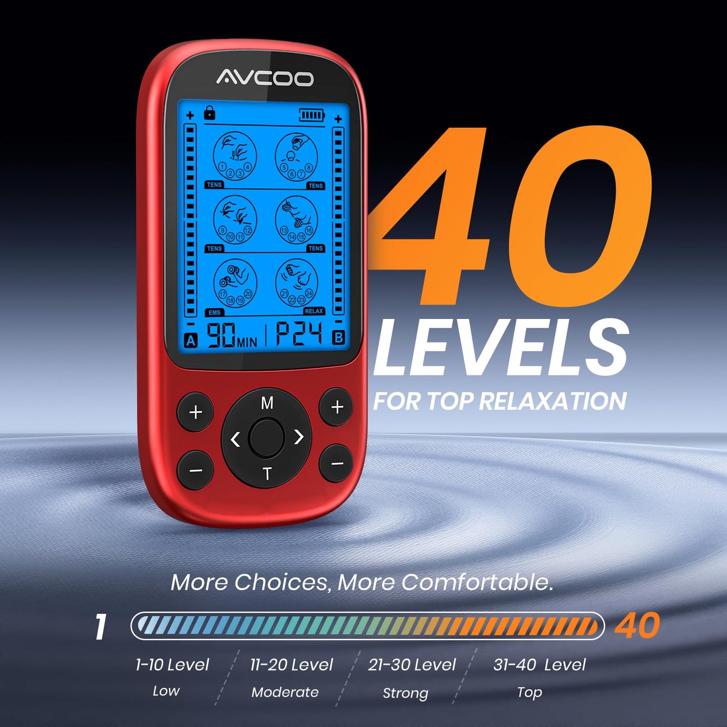 AVCOO 3-in-1 TENS Unit Muscle Stimulator for Pain Relief, 24 Modes, EVA Bag | Electronic Massager Machine with 40 Levels for Gradual Shoulder, Neck, Lower Back Pain Relief, Physical Therapy, 12 Pads, Red