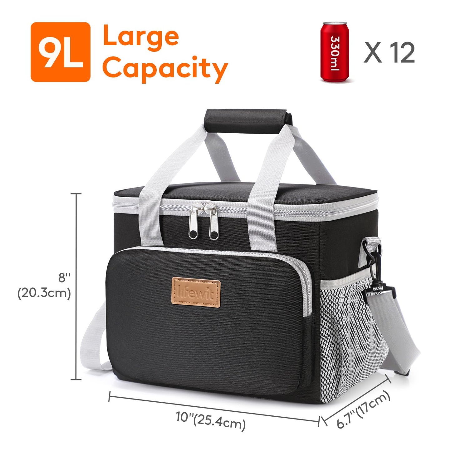 Lifewit Medium Lunch Bag, Insulated Lunch Box, Soft Cooler Cooling Tote for Adult Men Women, Black 12-Can (9L)
