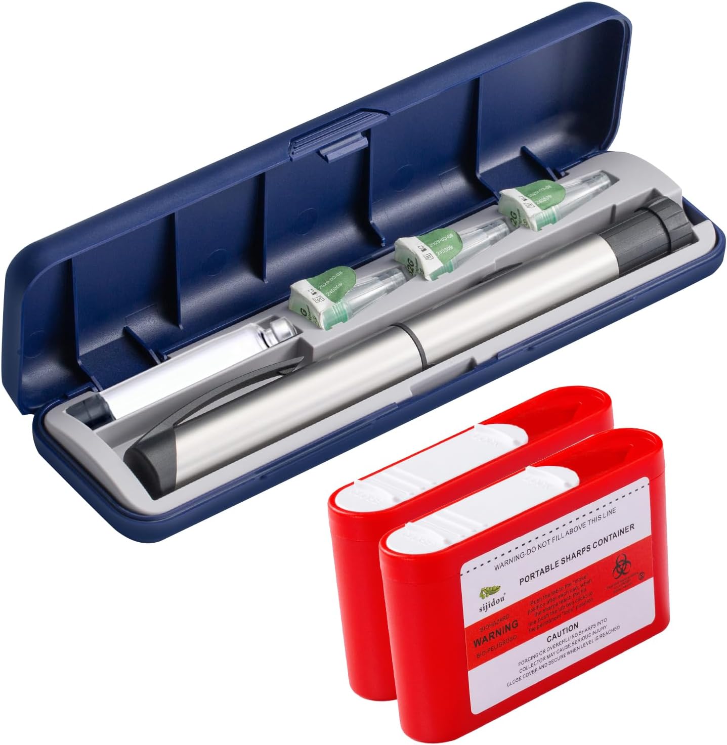 sijidou Portable Insulin Pen and Needle Travel Case, Holds 1 Insulin Pen, 3 Needles and 1 Insulin Cartridge, with 2 Pack Pocket Sharps Container, Keep Diabetic Supply Organizer & Safe