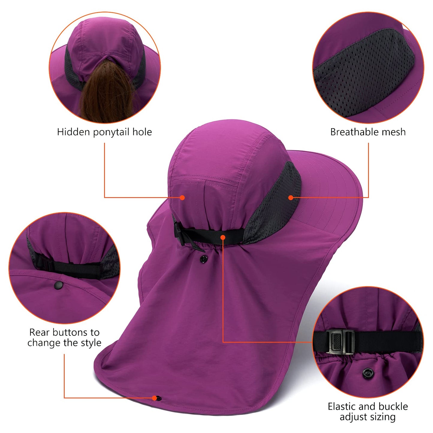 BASSDASH UPF 50+ Unisex Water Resistant Wide Brim Sun Hat with Large Neck Flap Ponytail Fishing Hat for Men Women