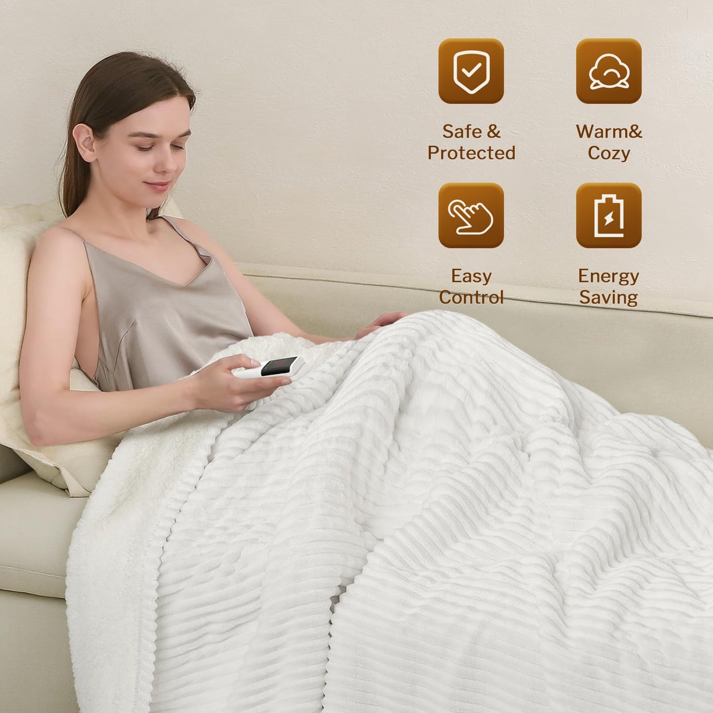 Reaks Electric Heated Throw Blanket, Silky Soft Flannel & Sherpa Heating Blanket Throw with 5 Heat Levels & 3 Hours Auto Off, Warm Gifts for Women Mom Grandma, ETL Certified (50x60 inches, White)