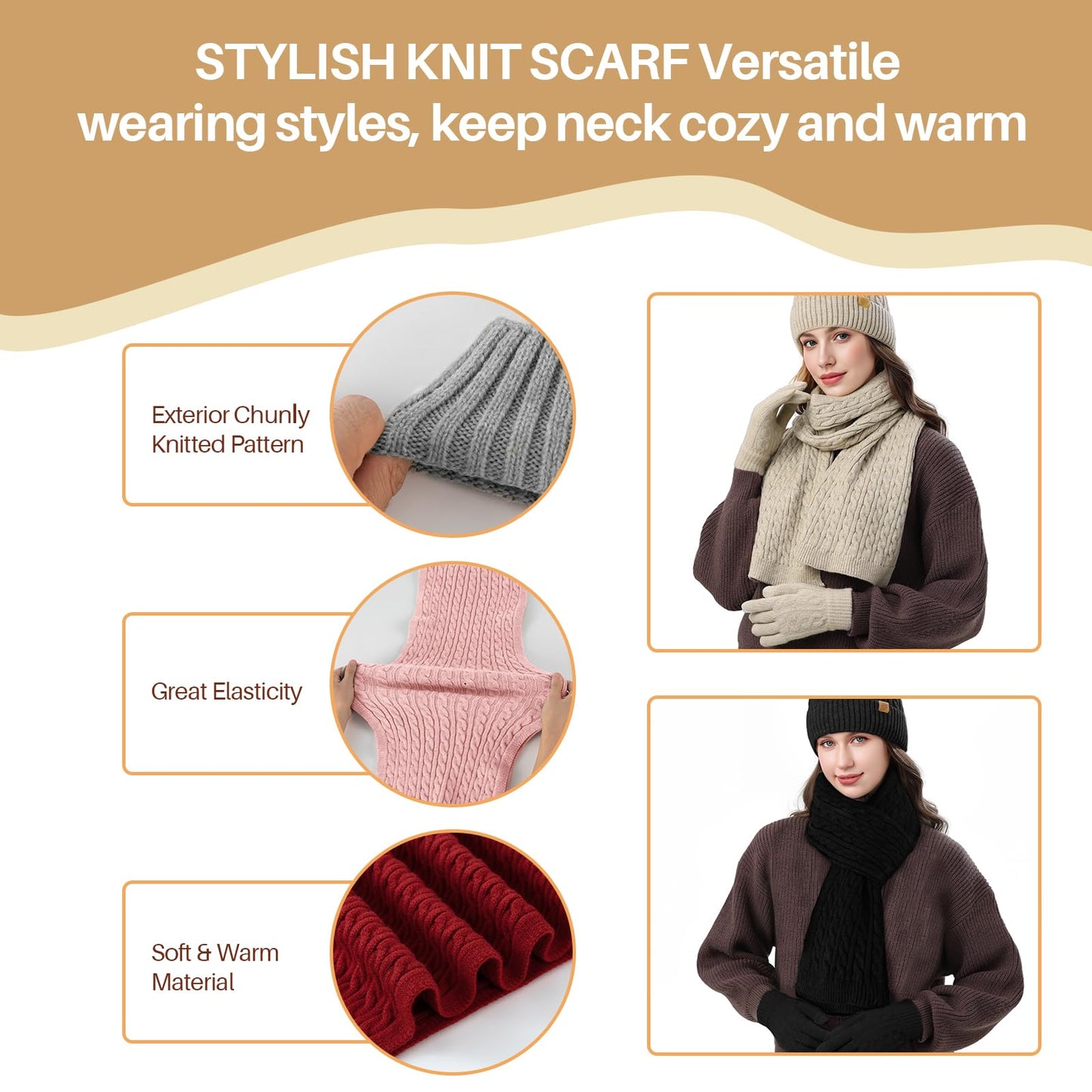 fauson Winter Hat Beanie Long Scarf Touchscreen Gloves Set, 3Pcs Fleece Lined Gloves Skull Cap Valentines Day Gifts for Her