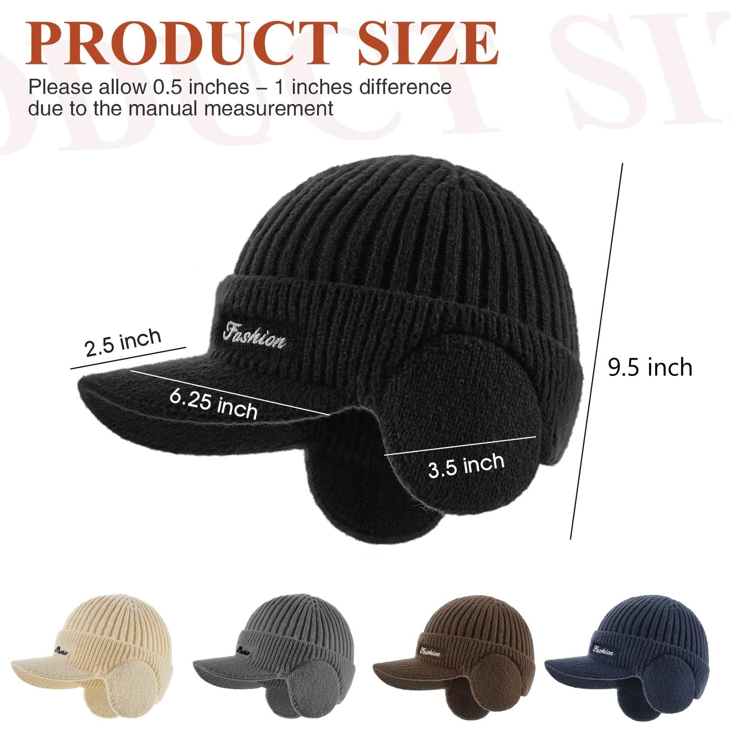 Winter Hat with Ear Flaps for Men, Beanie with Brim Hat Scarf Set, Warm Fleece Lined Skull Cap Neck Warmer for Women