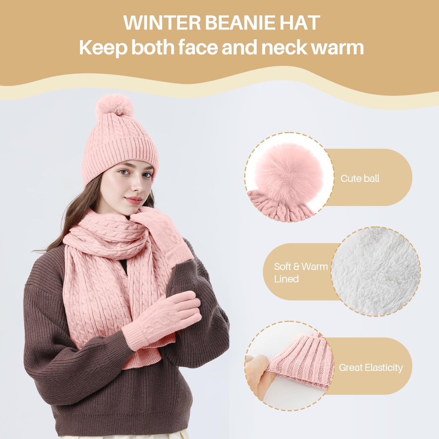fauson Winter Hat Beanie Long Scarf Touchscreen Gloves Set, 3Pcs Fleece Lined Gloves Skull Cap Valentines Day Gifts for Her
