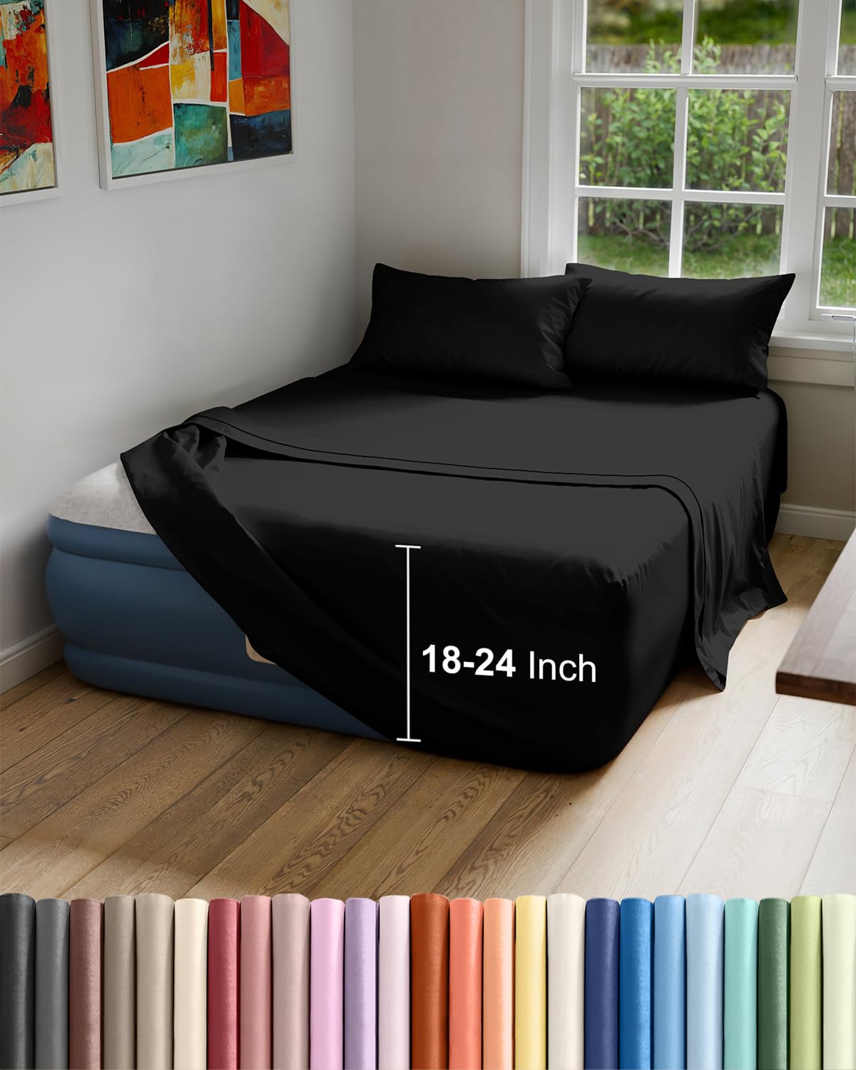 Air Mattress Sheet Set for Full Size - 4 Piece Breathable & Cooling Sheets w/Extra Deep Pockets - Fits Inflatable & Blow Up Air Mattresses Up to 24 Inches Thick - Soft and Wrinkle Free - Dark Grey