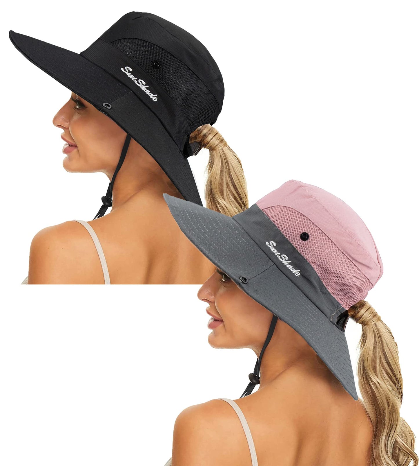 Women's Summer Sun-Hat Ponytail - Outdoor UV-Protection Mesh Wide Brim Foldable Hat with Ponytail Hole