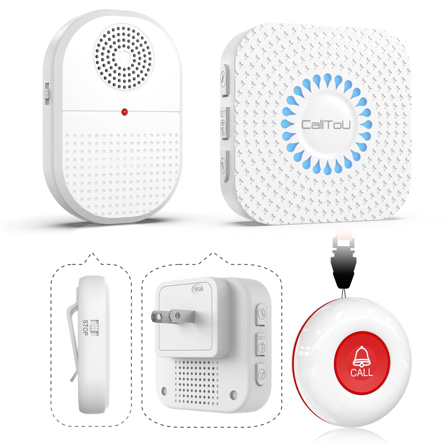 CallToU Wireless Caregiver Pager Waterproof Call Button Vibration Call Bell for Elderly at Home Disabled Patient Elderly Monitoring Nurse Calling 2 SOS Panic Buttons/Transmitters 500FT 2 Receivers