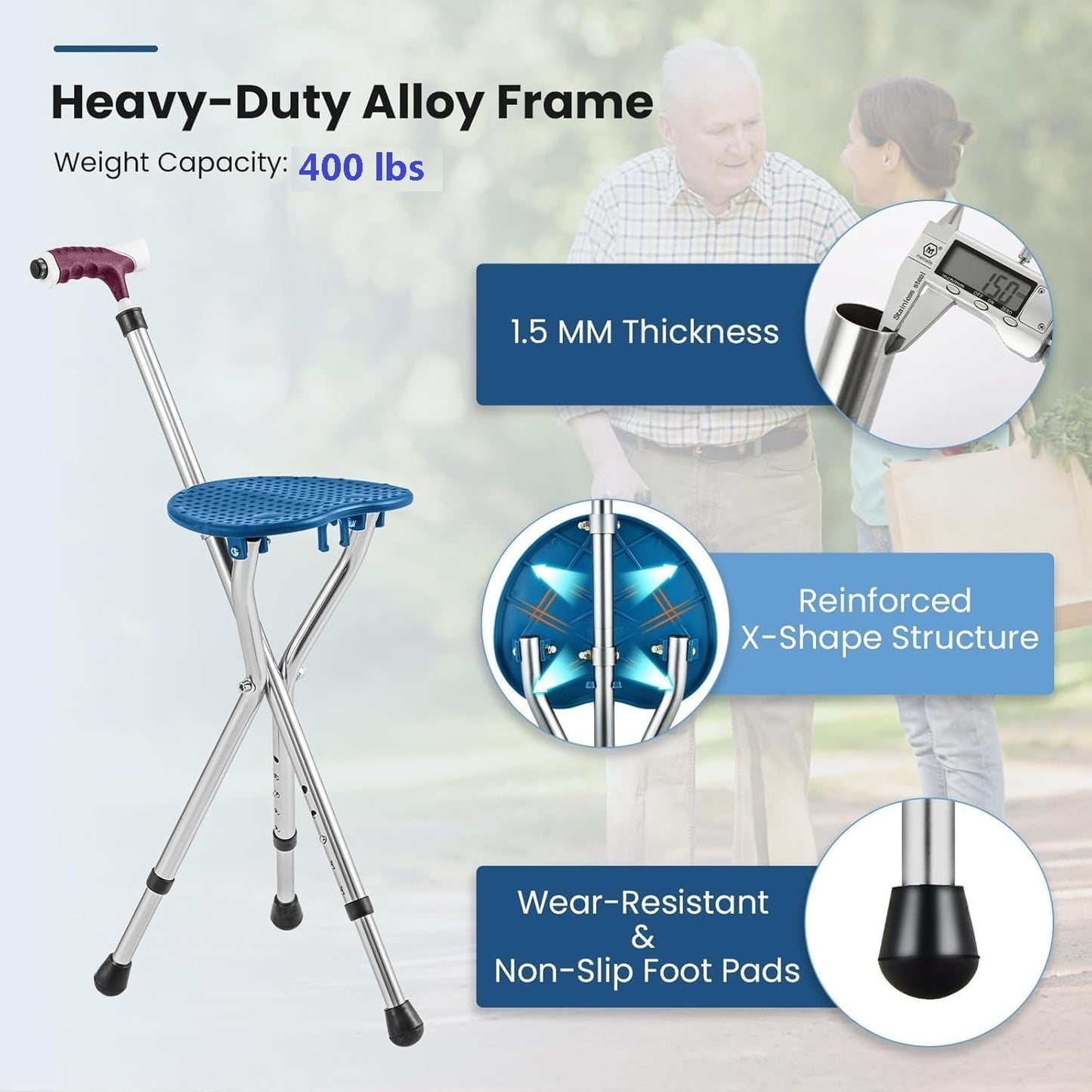 Heavy Duty Folding Cane with Seat Upgraded Tripod Design Walking Stick for Seniors Adjustable Height (32"-36") & Seat (18"-22") Portable Chair Cane for Travel Shopping Outdoor Supports up to 400 LBS