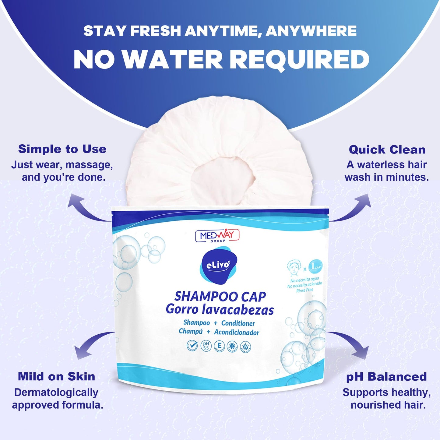 MedVance No Rinse Shampoo Cap, Rinse Free Shower Cap that Shampoos & Conditions, Elderly Care Products, Bedridden Patients, PH Balanced & Hypoallergenic, 3 Pack