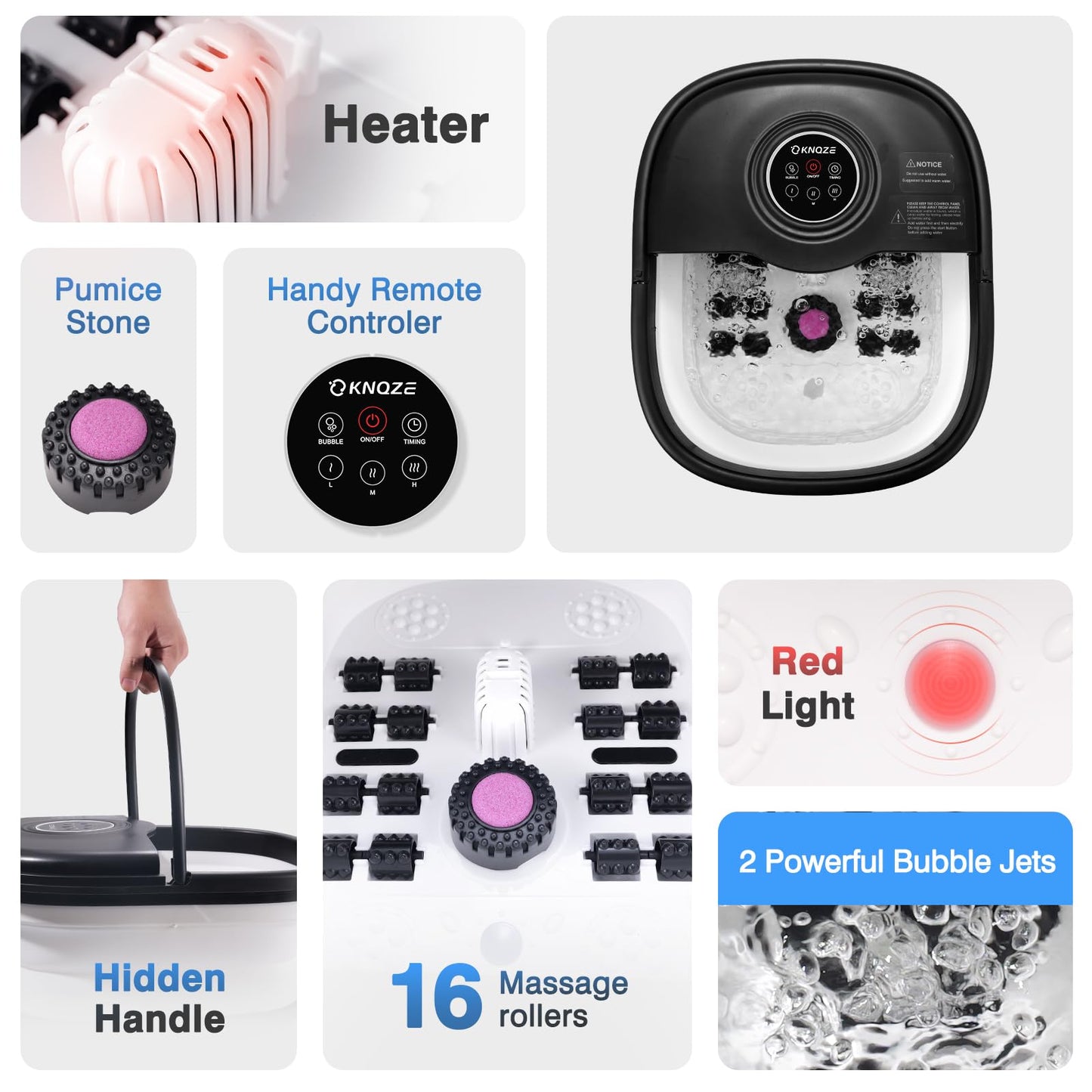 KNQZE Collapsible Foot Spa Bath with Heat & Remote Control, Bubble Massage, Temperature Control, Red Light, Timer, 16 Rollers & Pumice Stone for a Soothing Spa Experience