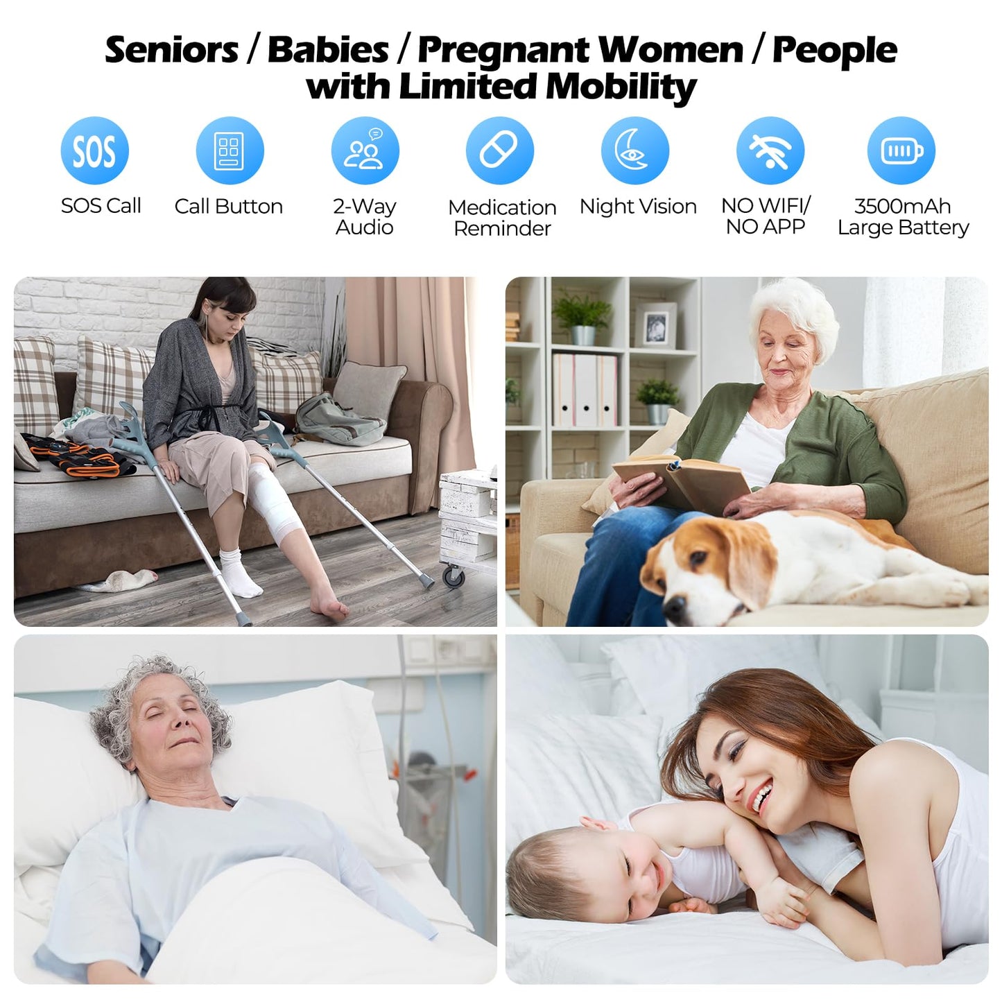 Elderly Monitor with Camera and Audio, Two-Way Talk Baby Monitors for Elderly Care, Call Button, Med Reminder Camera for Elderly Monitoring, for Seniors, Dementia Patients (No WiFi)
